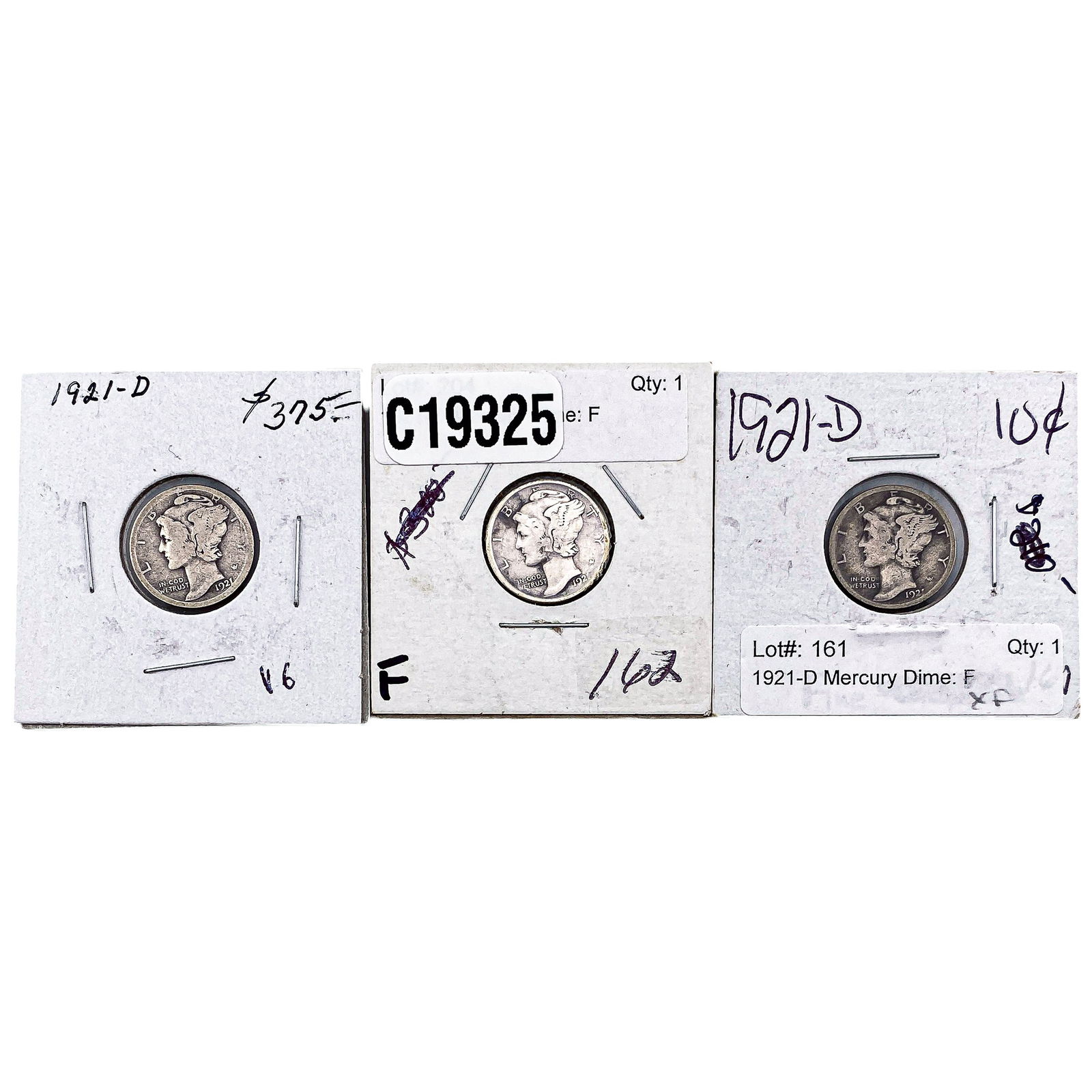 [3 Coins] 1921-D Mercury Silver Dime: [3 Coins] 1921-D Mercury Silver Dime