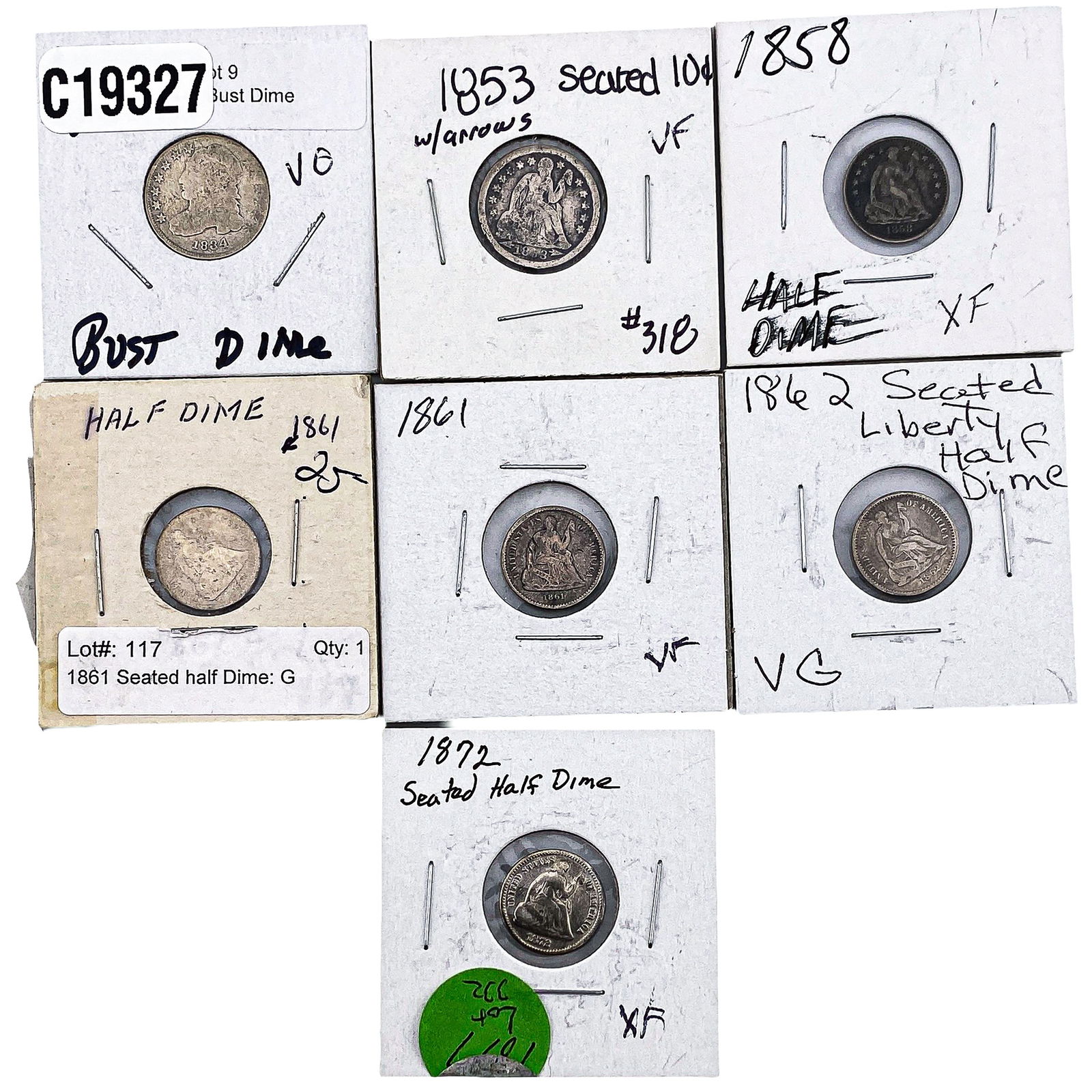 [7 Coins]1834-1872 U.S. Silver 1/2 DIme & Dime Lot (1 of 2)