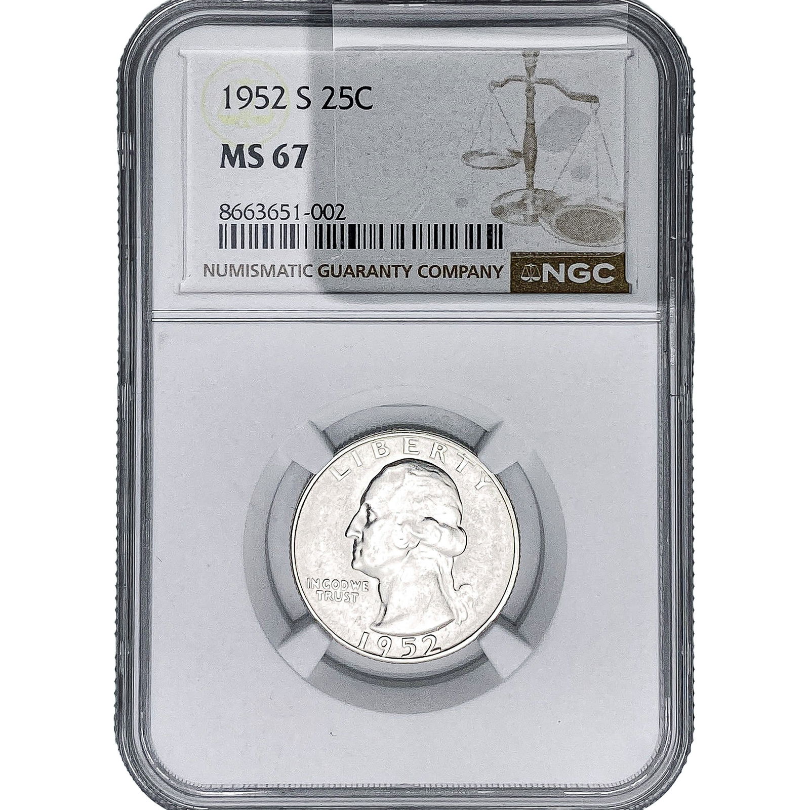 1952-S Washington Silver Quarter NGC MS67: 1952-S Washington Silver Quarter NGC MS67