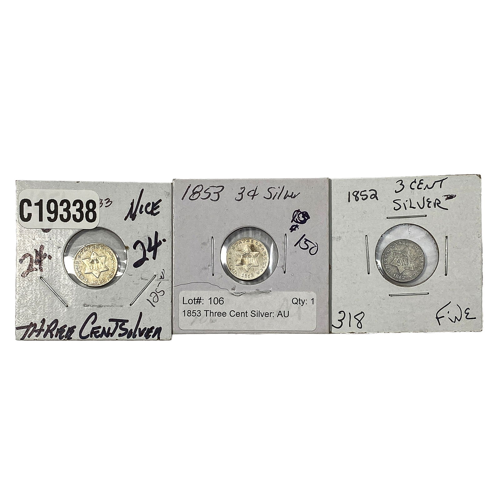 [3 Coins] 1851-1853 Silver Three Cent: [3 Coins] 1851-1853 Silver Three Cent