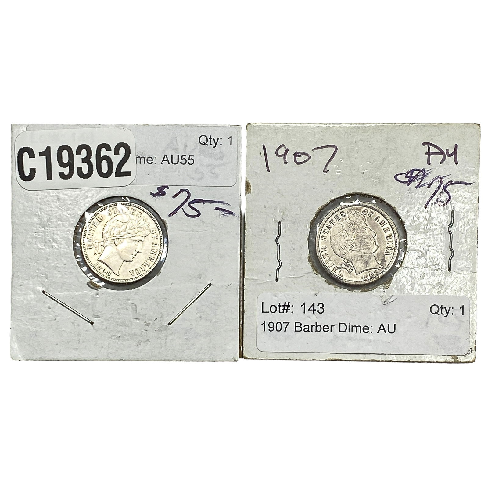 [2 Coins] 1907-1908 Barber Dime: [2 Coins] 1907-1908 Barber Dime