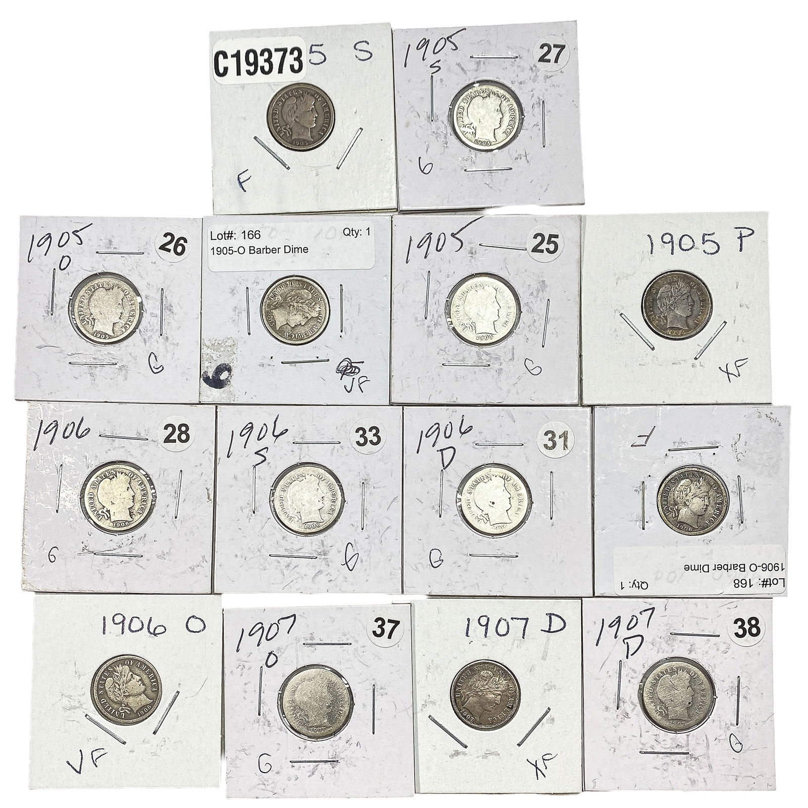 [14 Coins] 1905-1907 Barber Dime: [14 Coins] 1905-1907 Barber Dime