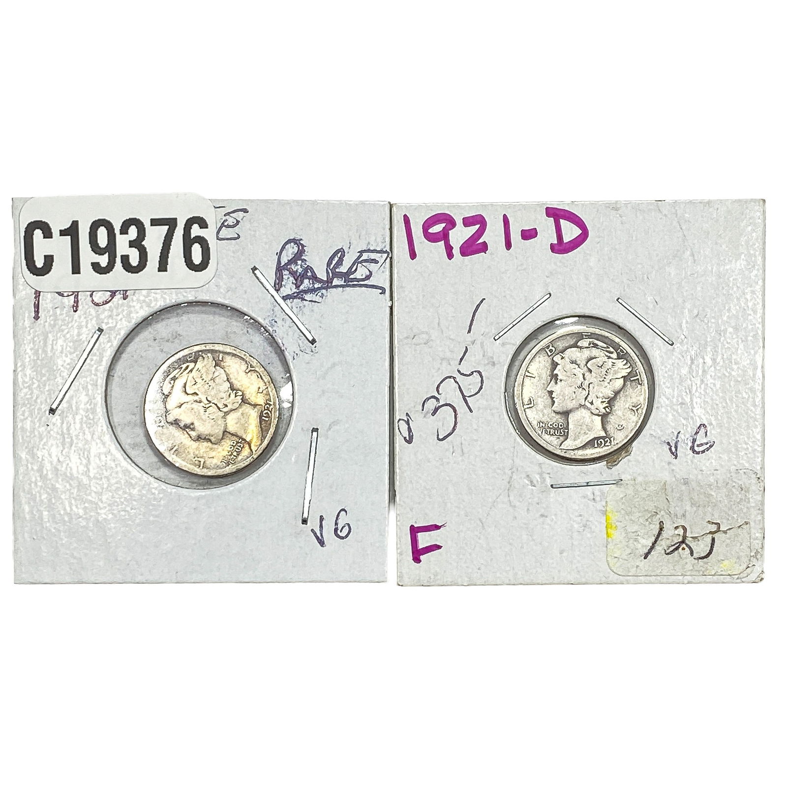 [2 Coins] 1921-D Mercury Silver Dime Rare (1 of 2)