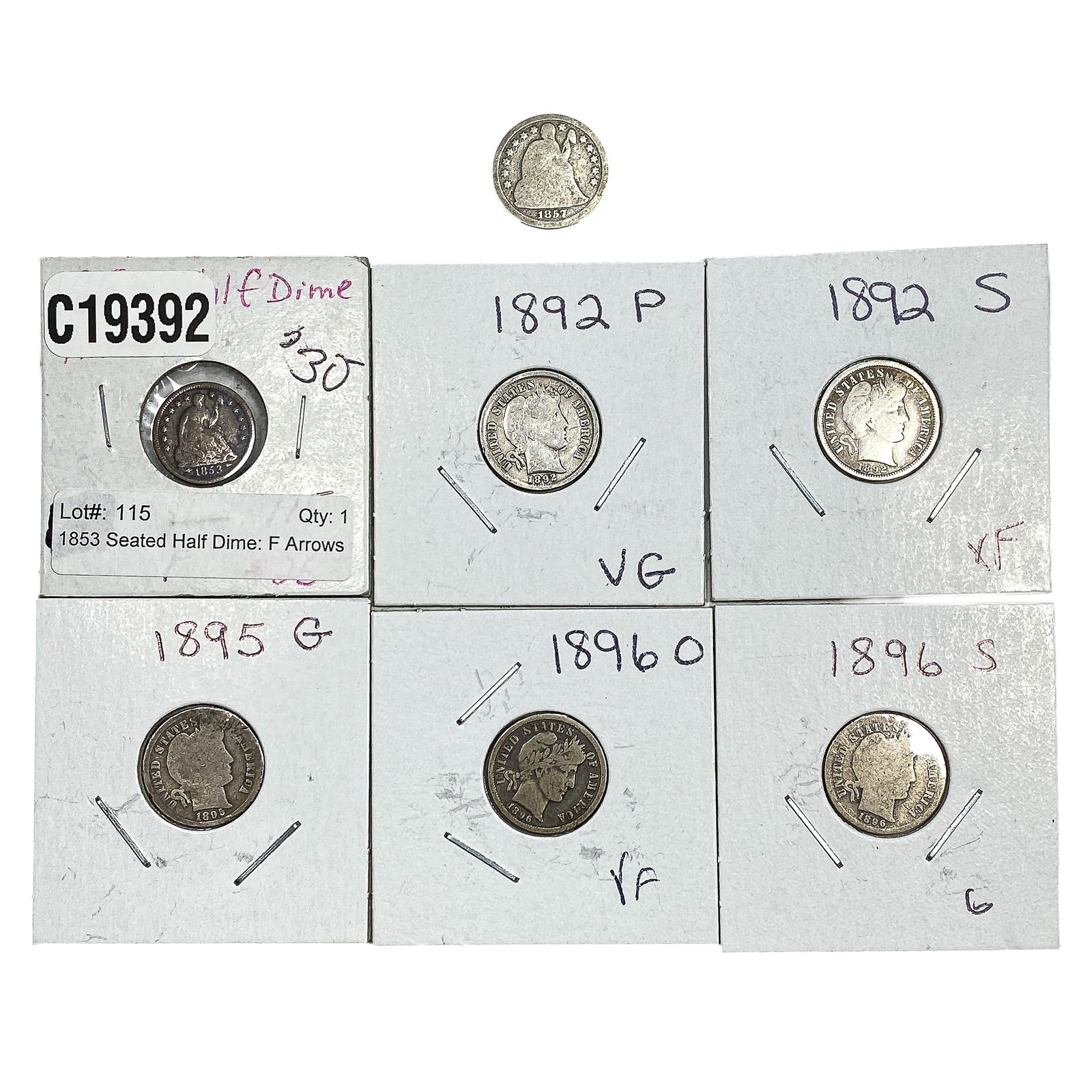 [7 Coins] 1853-1896 U.S. Silver 1/2 Dime&Dime Lot (1 of 2)