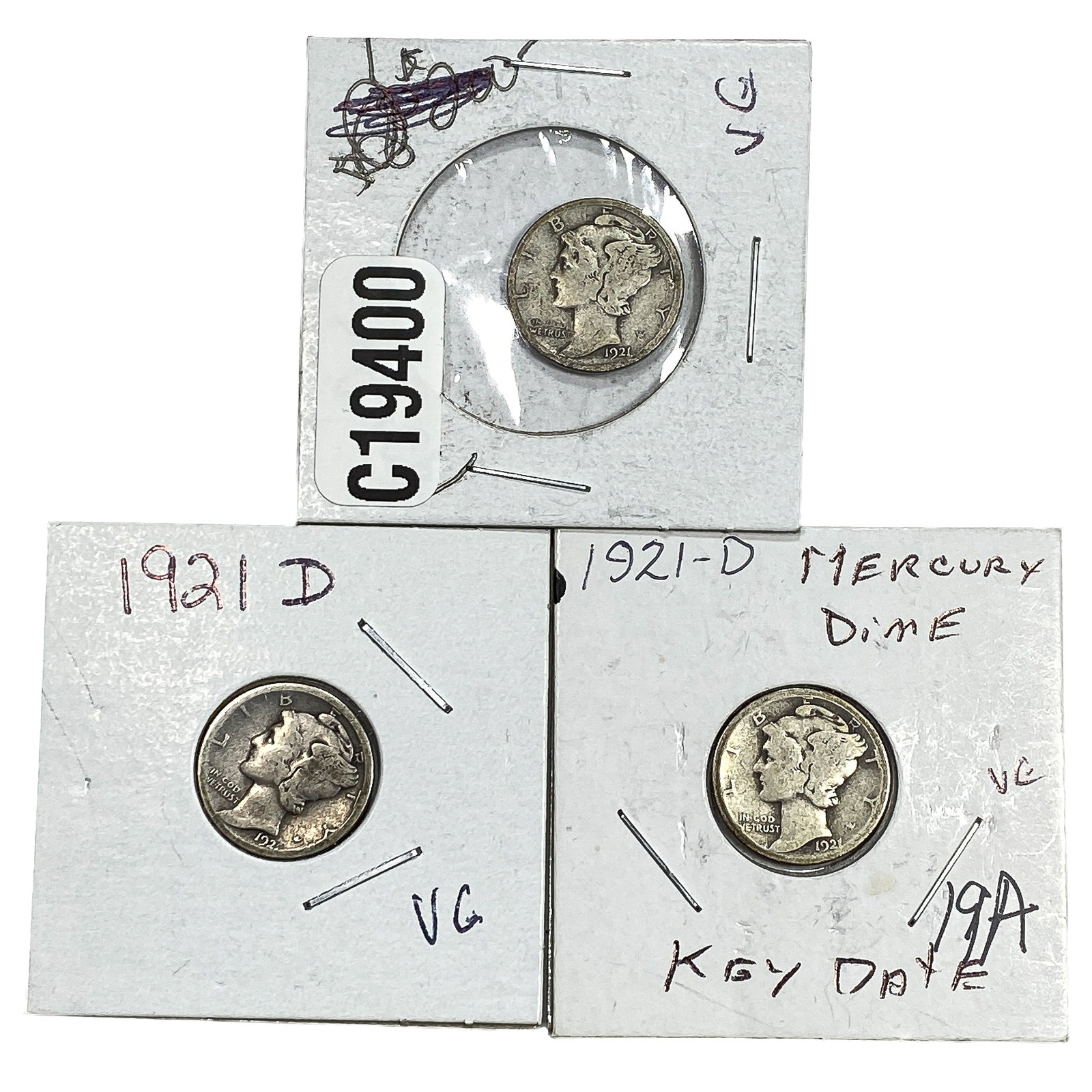 [3 Coins] 1921-D Mercury Silver Dime: [3 Coins] 1921-D Mercury Silver Dime