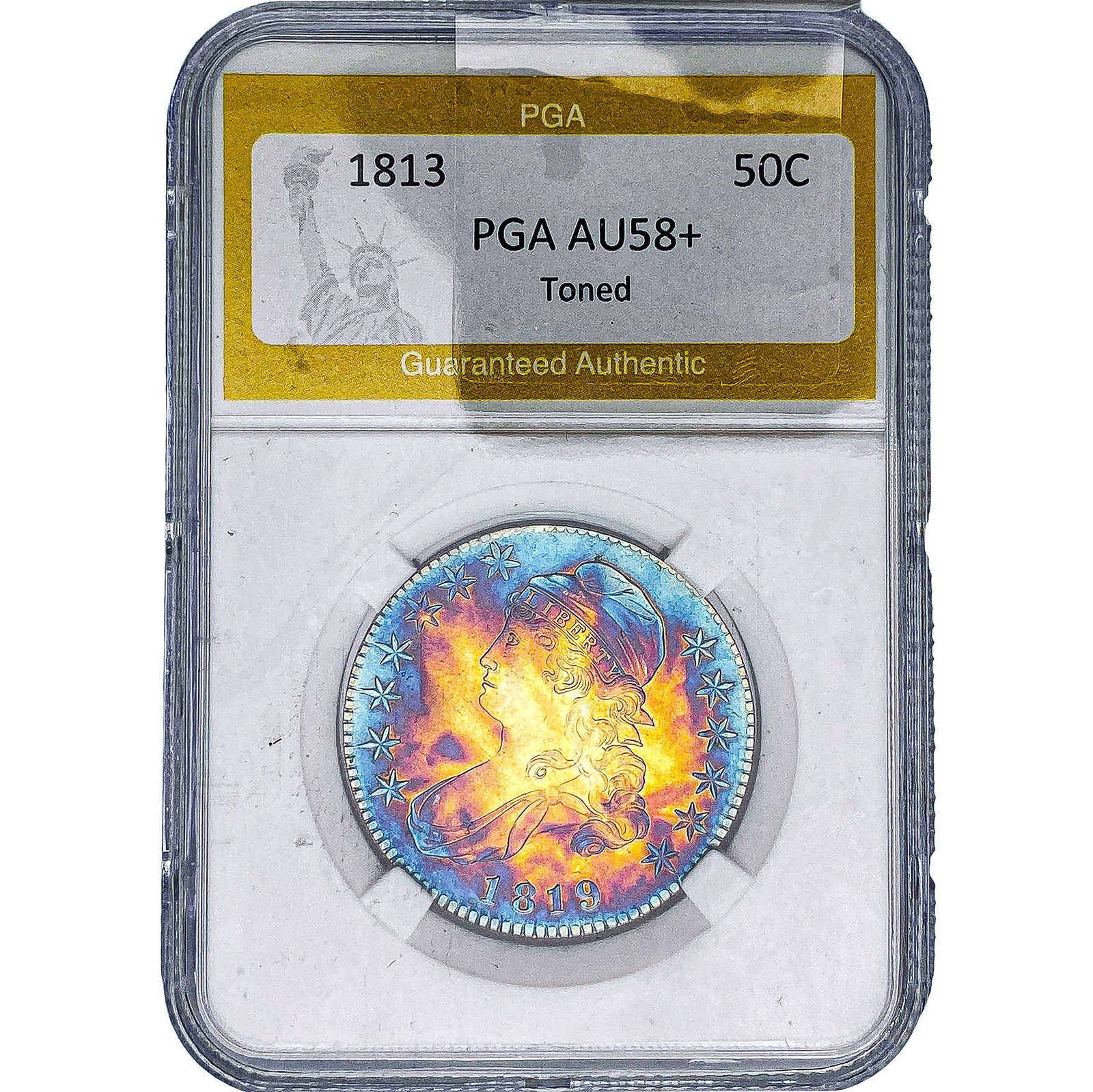 1813 Capped Bust Half Dollar PGA AU58+ Toned: 1813 Capped Bust Half Dollar PGA AU58+ Toned