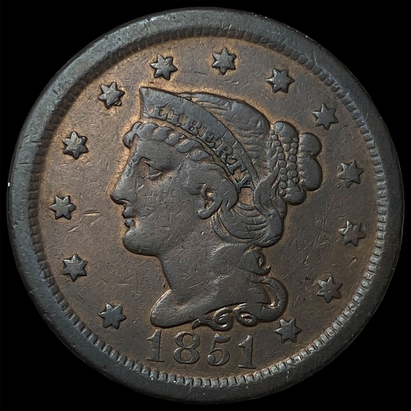 1851 Braided Hair Large Cent LIGHTLY CIRCULATED (1 of 2)