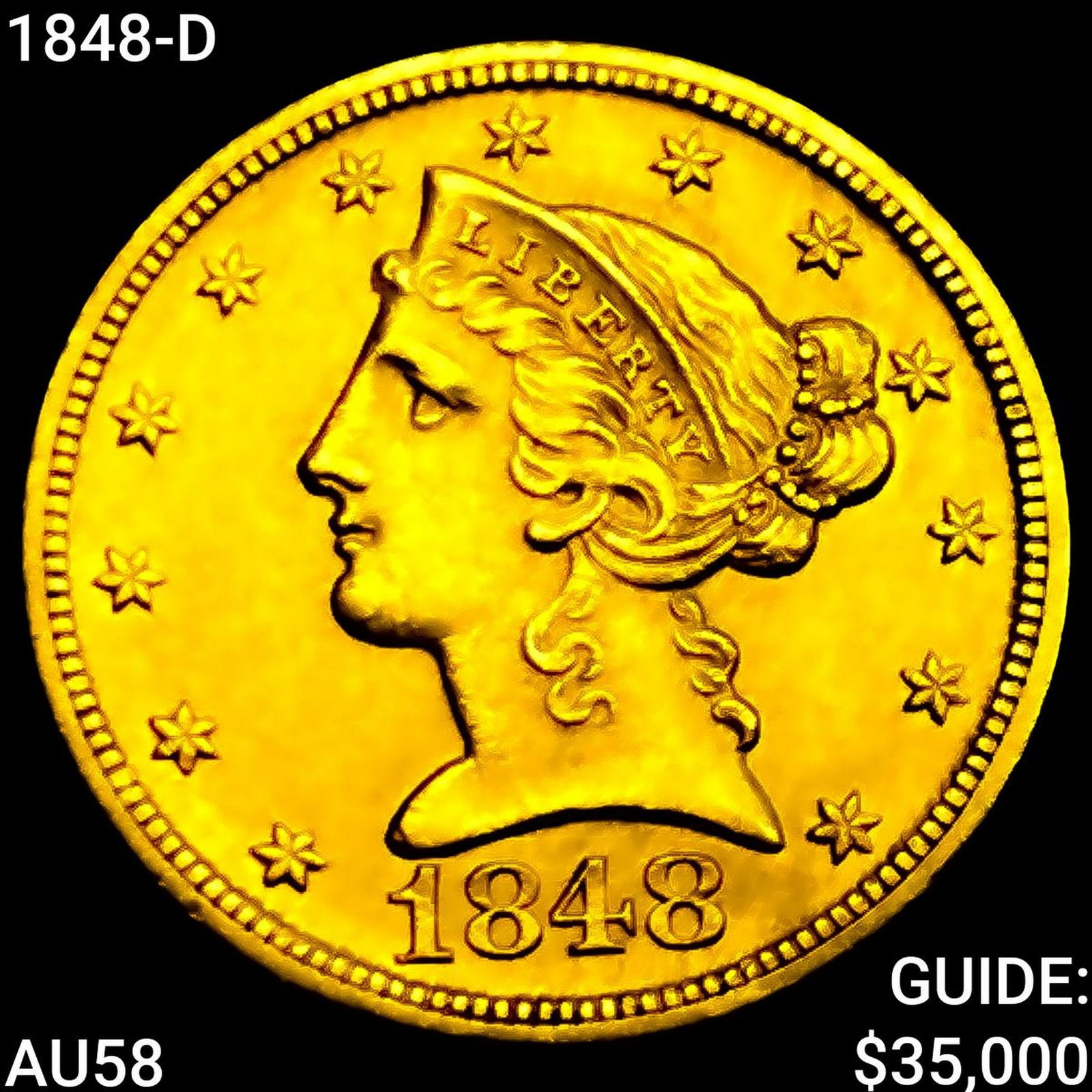 1848-D $5 Gold Half Eagle CHOICE AU: 1848-D $5 Gold Half Eagle CHOICE AU