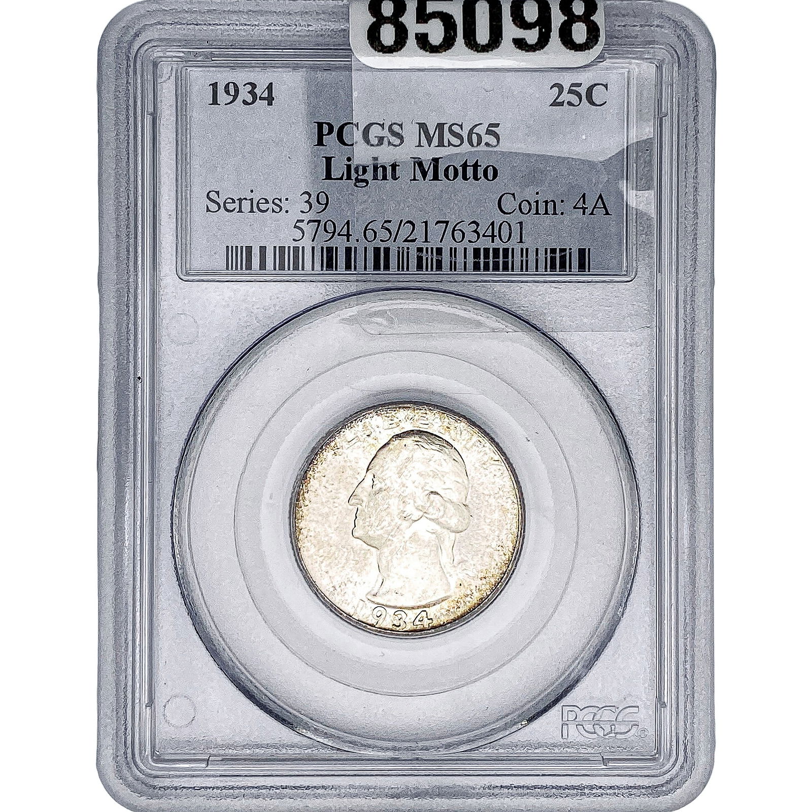 1934 Washington Silver Quarter PCGS MS65 Light Motto: 1934 Washington Silver Quarter PCGS MS65 Light Motto