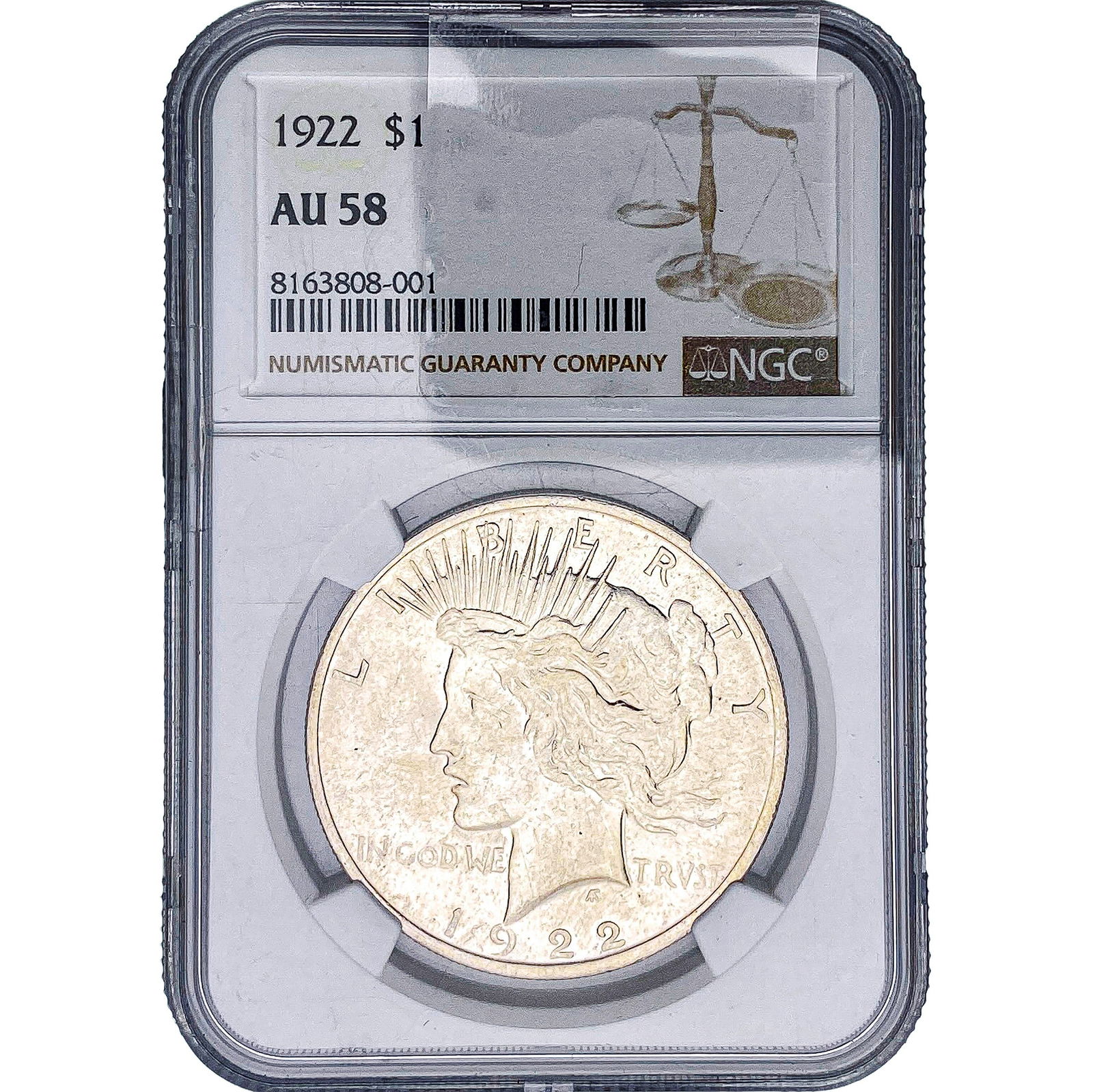 1922 Silver Peace Dollar NGC AU58: 1922 Silver Peace Dollar NGC AU58