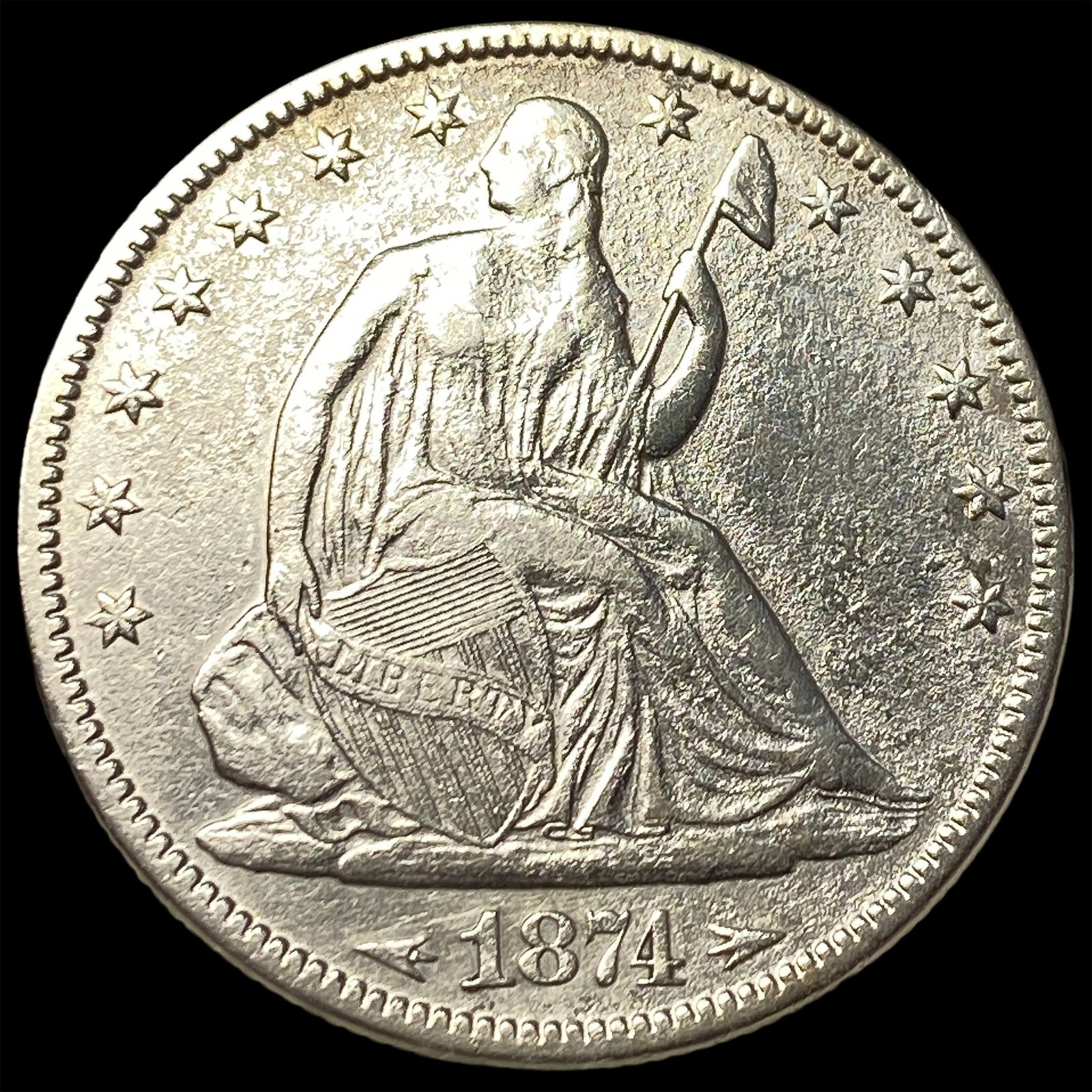 1874 Silver Half Dollar (Seated Liberty) NEARLY UNCIRCULATED: 1874 Silver Half Dollar (Seated Liberty) NEARLY UNCIRCULATED