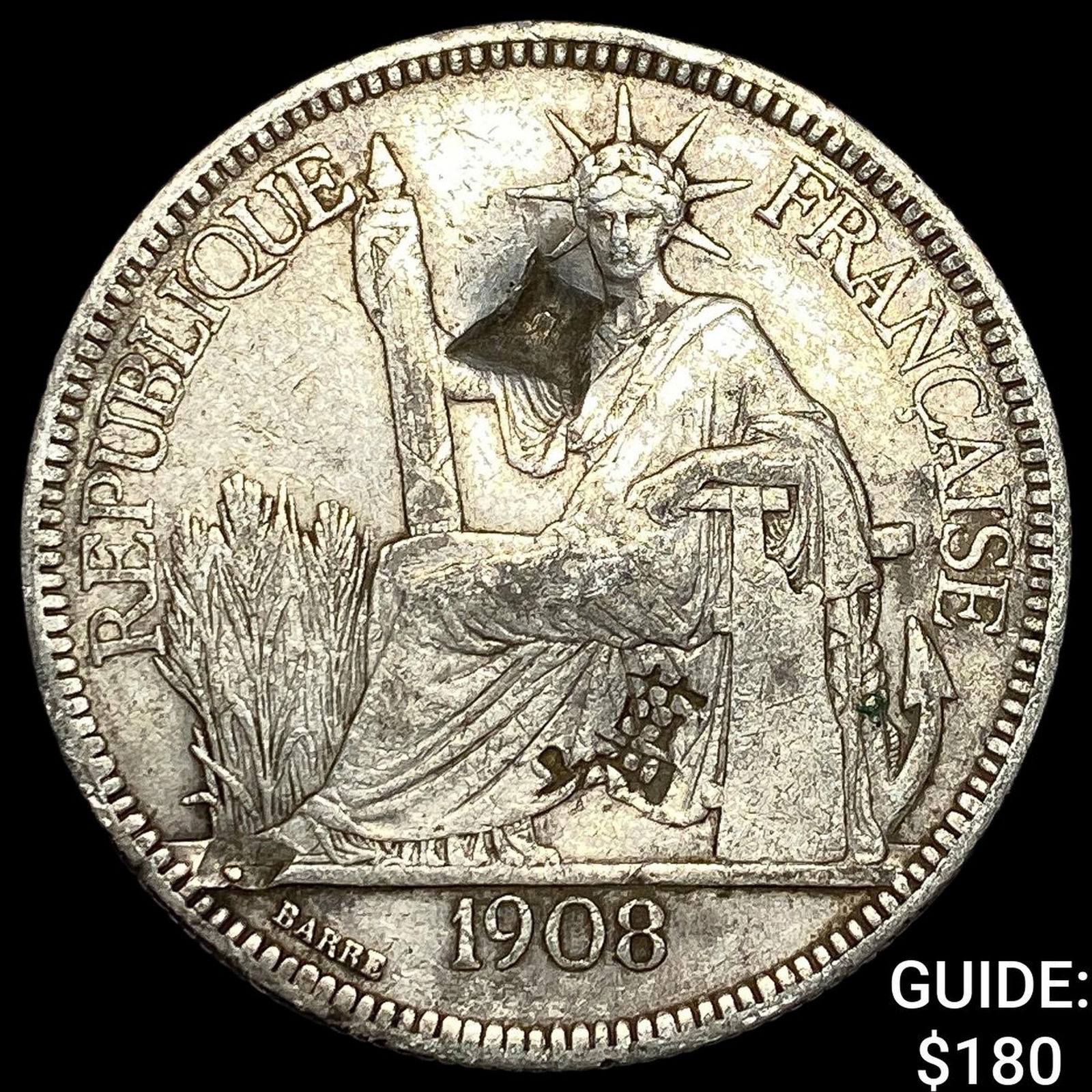 1908 French Indo-China Silver Trade Piastre NEARLY UNCIRCULATED: 1908 French Indo-China Silver Trade Piastre NEARLY UNCIRCULATED