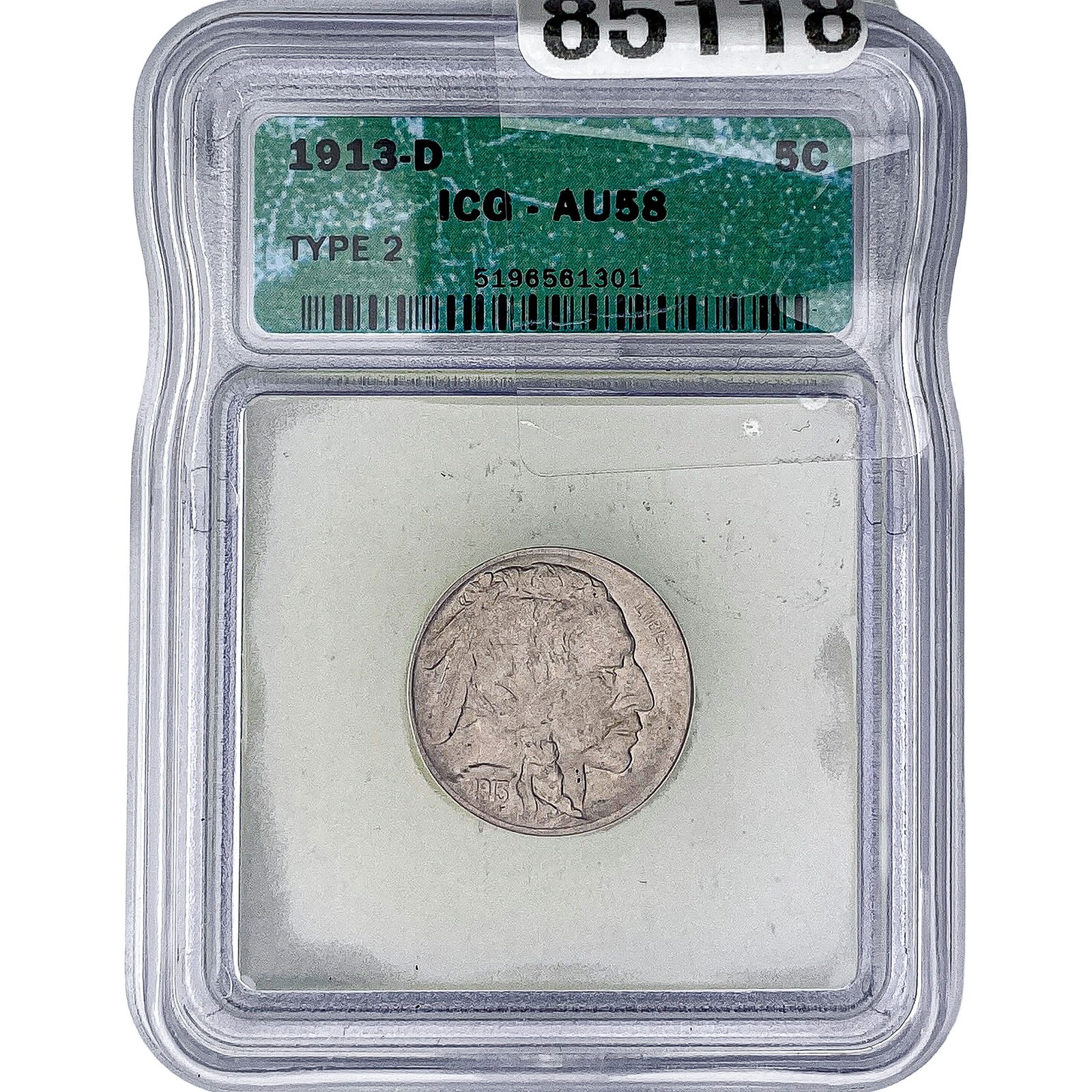 1913-D Buffalo Nickel ICG AU58 Type 2: 1913-D Buffalo Nickel ICG AU58 Type 2