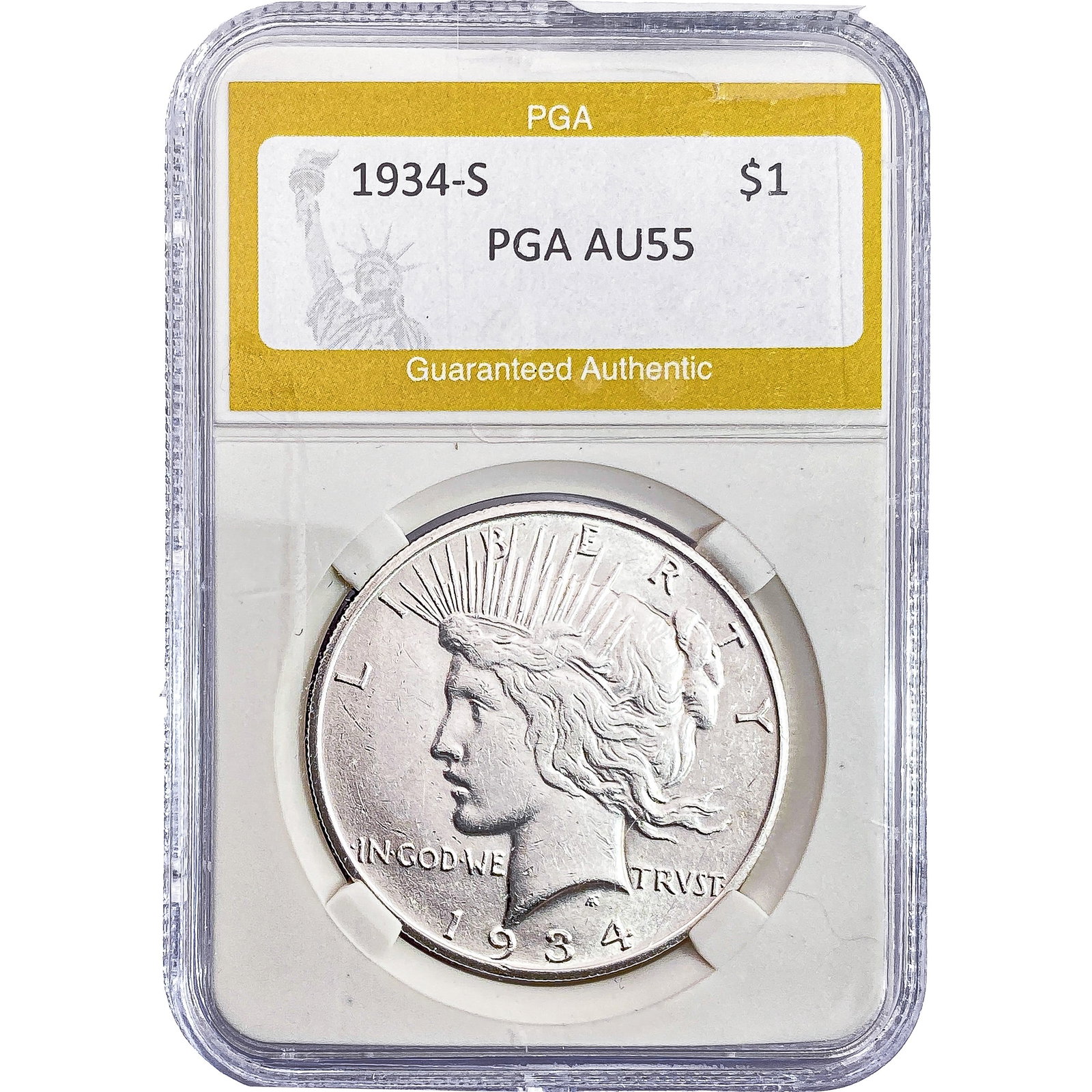 1934-S Silver Peace Dollar PGA AU55: 1934-S Silver Peace Dollar PGA AU55