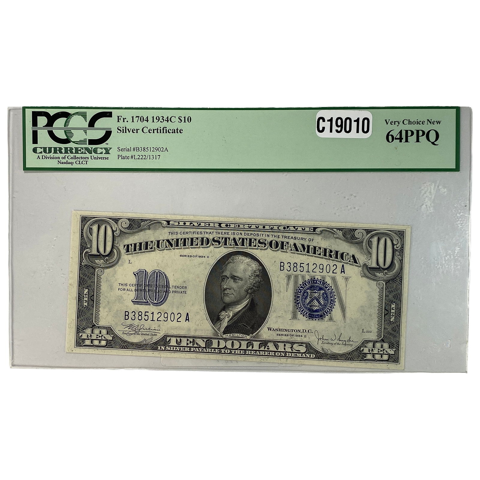 1934C $10 Silver Certificate Blue Seal PCGS 64PPQ: 1934C $10 Silver Certificate Blue Seal PCGS 64PPQ