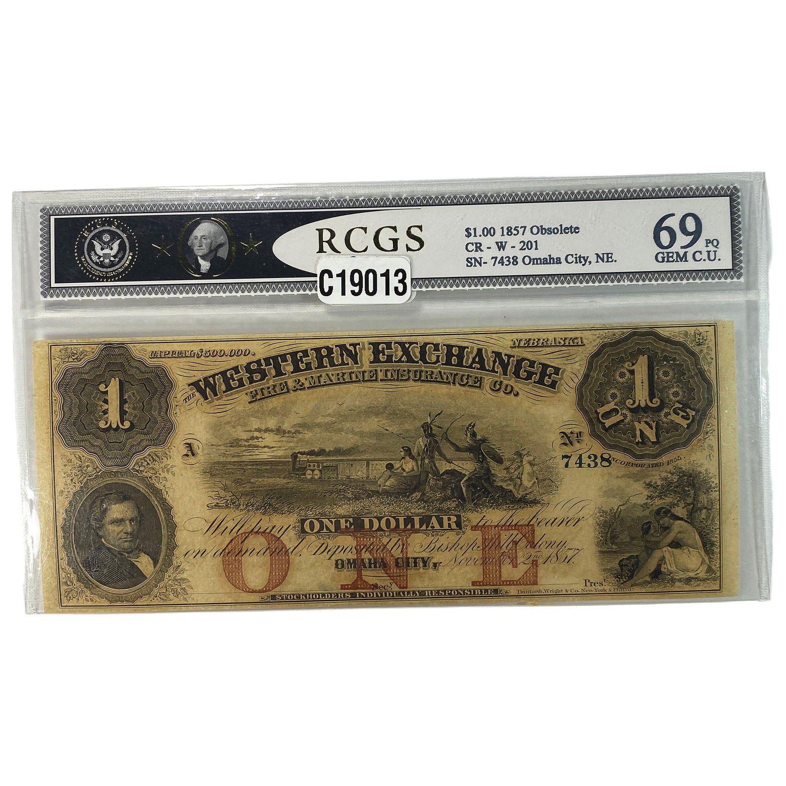1857 $1 Obsolete Currency Omaha CIty NE RCGS PQ69: 1857 $1 Obsolete Currency Omaha CIty NE RCGS PQ69
