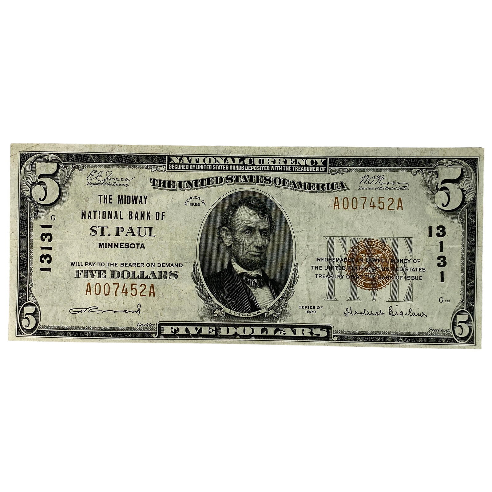 1929 $5 National Bank Note St. Paul Minnestoa: 1929 $5 National Bank Note St. Paul Minnestoa