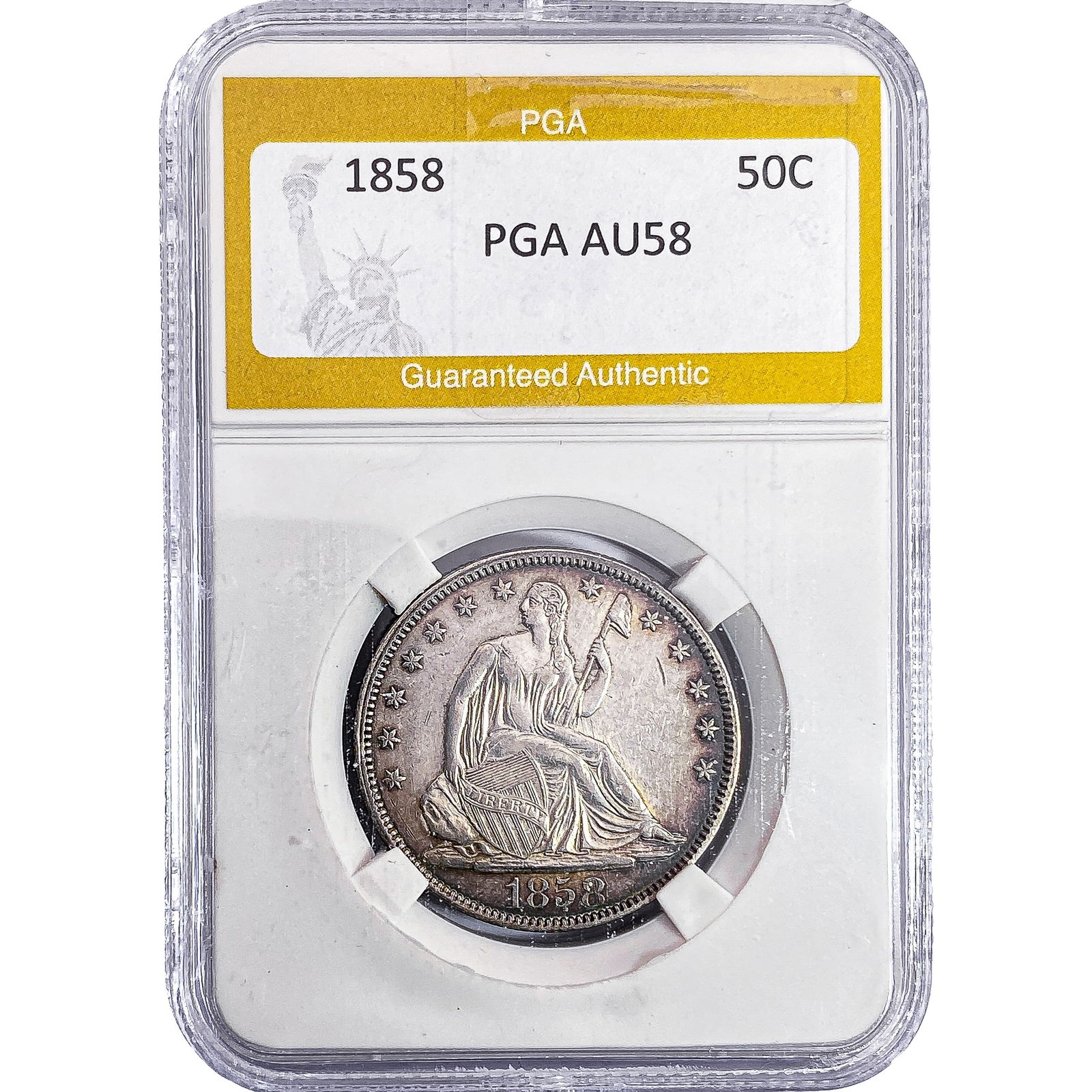 1858 Seated Liberty Half Dollar PGA AU58: 1858 Seated Liberty Half Dollar PGA AU58