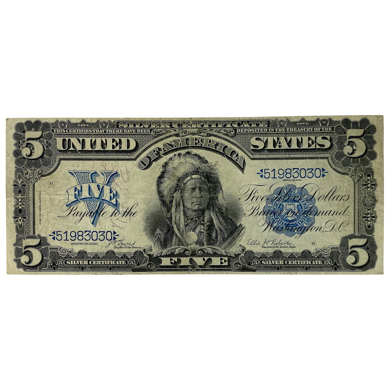 1899 $5 Lg. Size Silver Certificate Blue Seal: 1899 $5 Lg. Size Silver Certificate Blue Seal