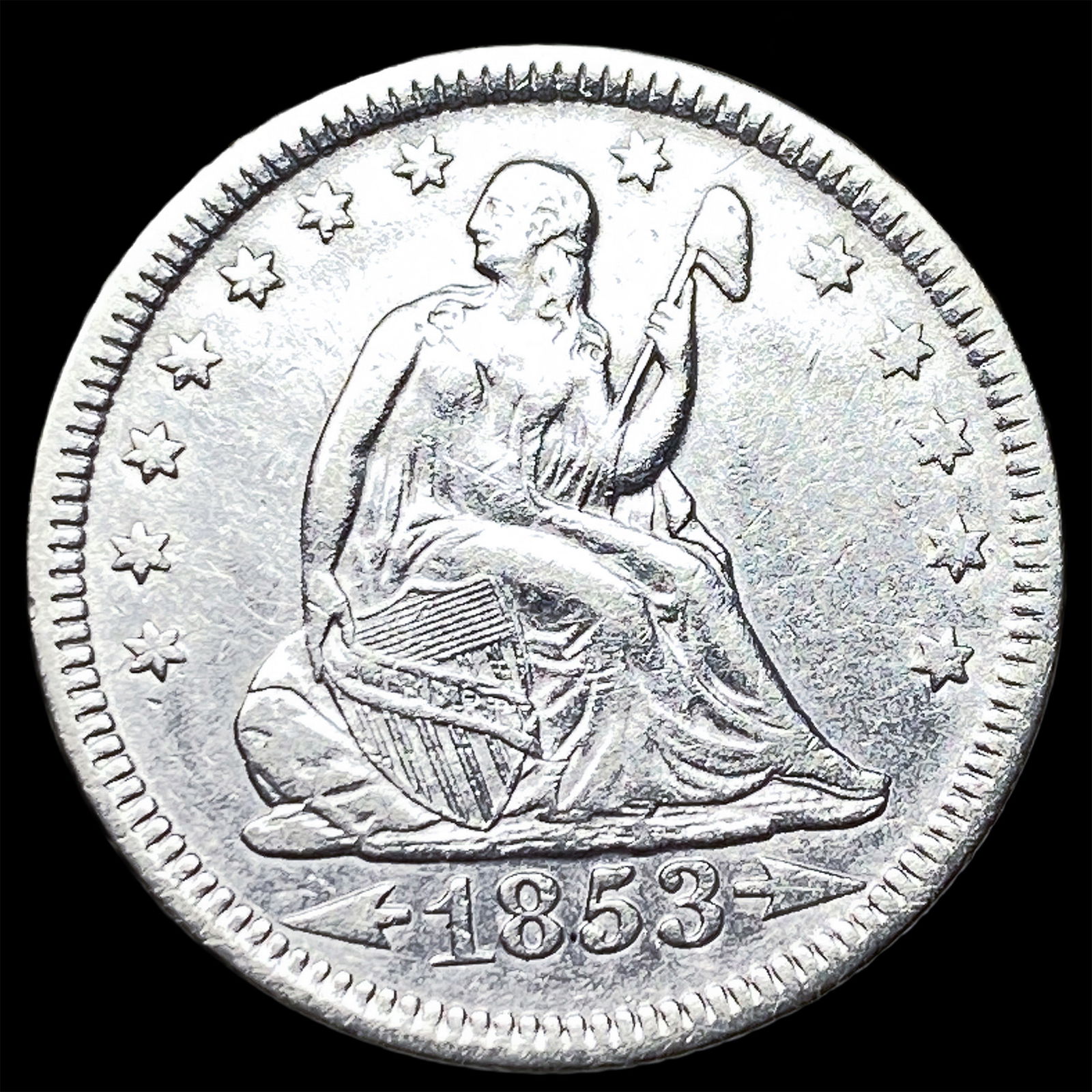 1853 Arrows/Rays Seated Liberty Quarter NEARLY UNCIRCULATED: 1853 Arrows/Rays Seated Liberty Quarter NEARLY UNCIRCULATED