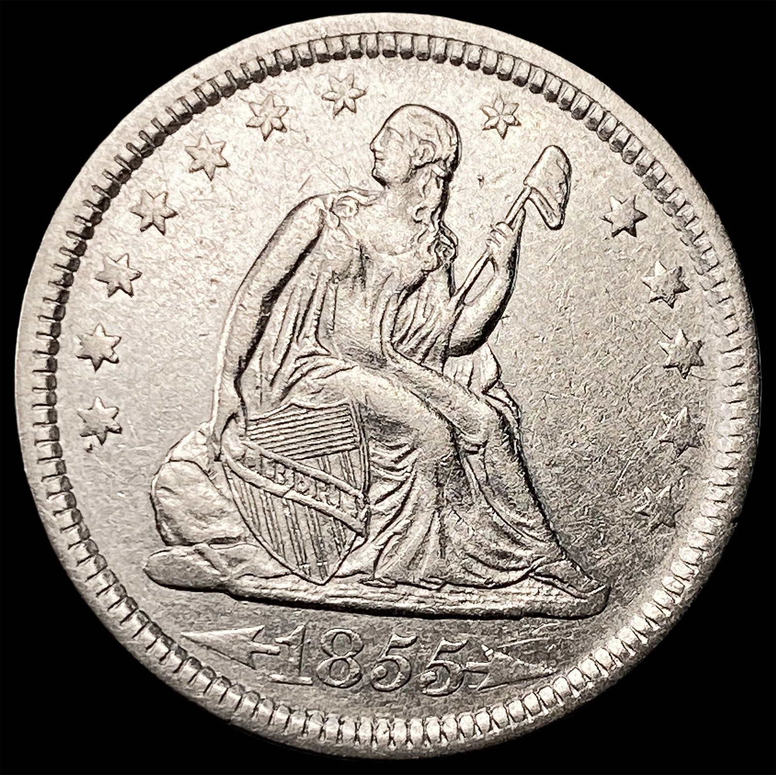 1855 Arrows Seated Liberty Silver Quarter CLOSELY UNCIRCULATED: 1855 Arrows Seated Liberty Silver Quarter CLOSELY UNCIRCULATED