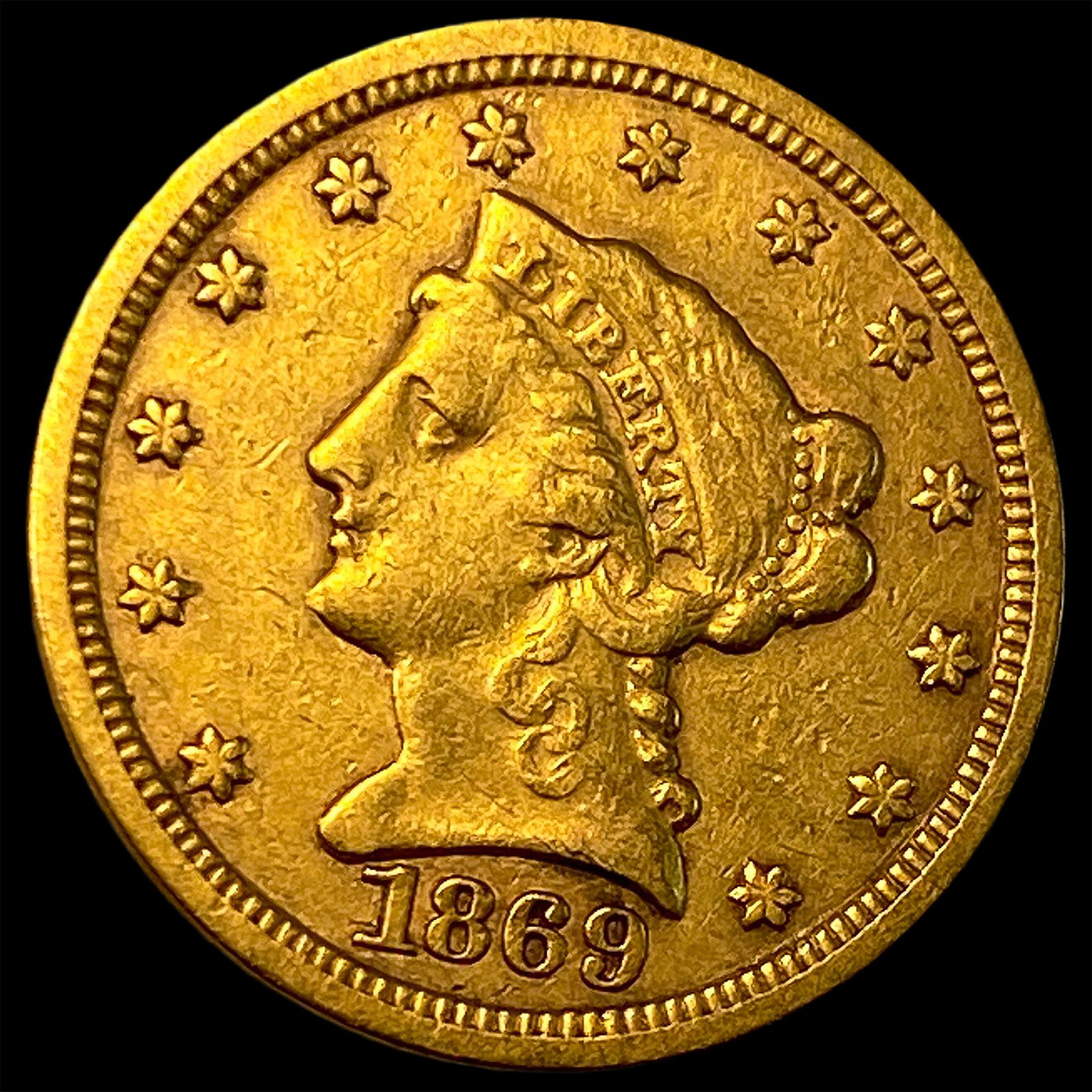 1869-S Gold $2.50 Liberty Head Quarter Eagle NEARLY UNCIRCULATED: 1869-S Gold $2.50 Liberty Head Quarter Eagle NEARLY UNCIRCULATED