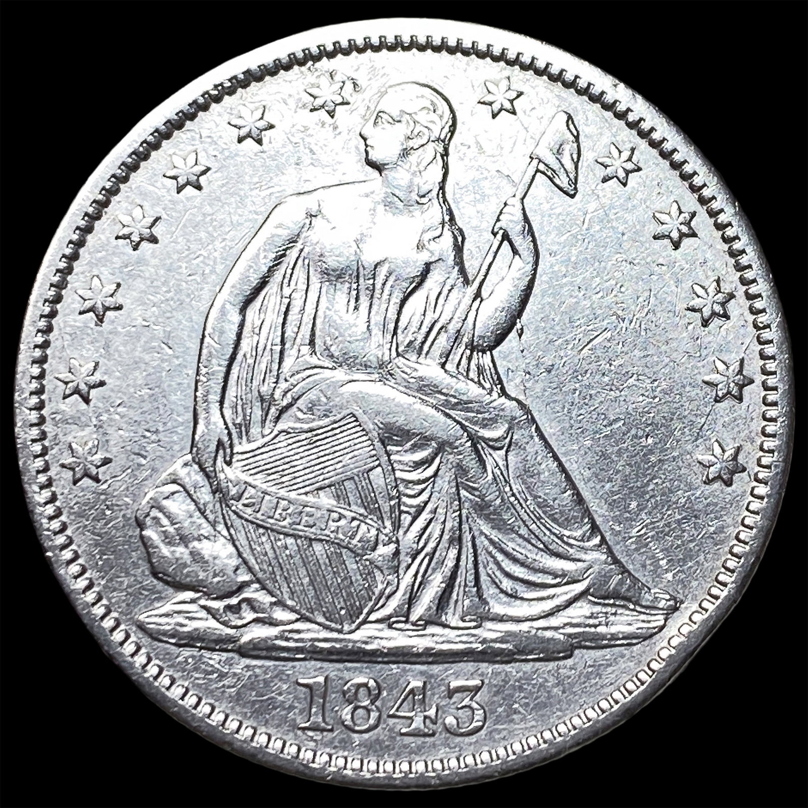1843 Silver Seated Liberty Half Dollar CLOSELY UNCIRCULATED: 1843 Silver Seated Liberty Half Dollar CLOSELY UNCIRCULATED