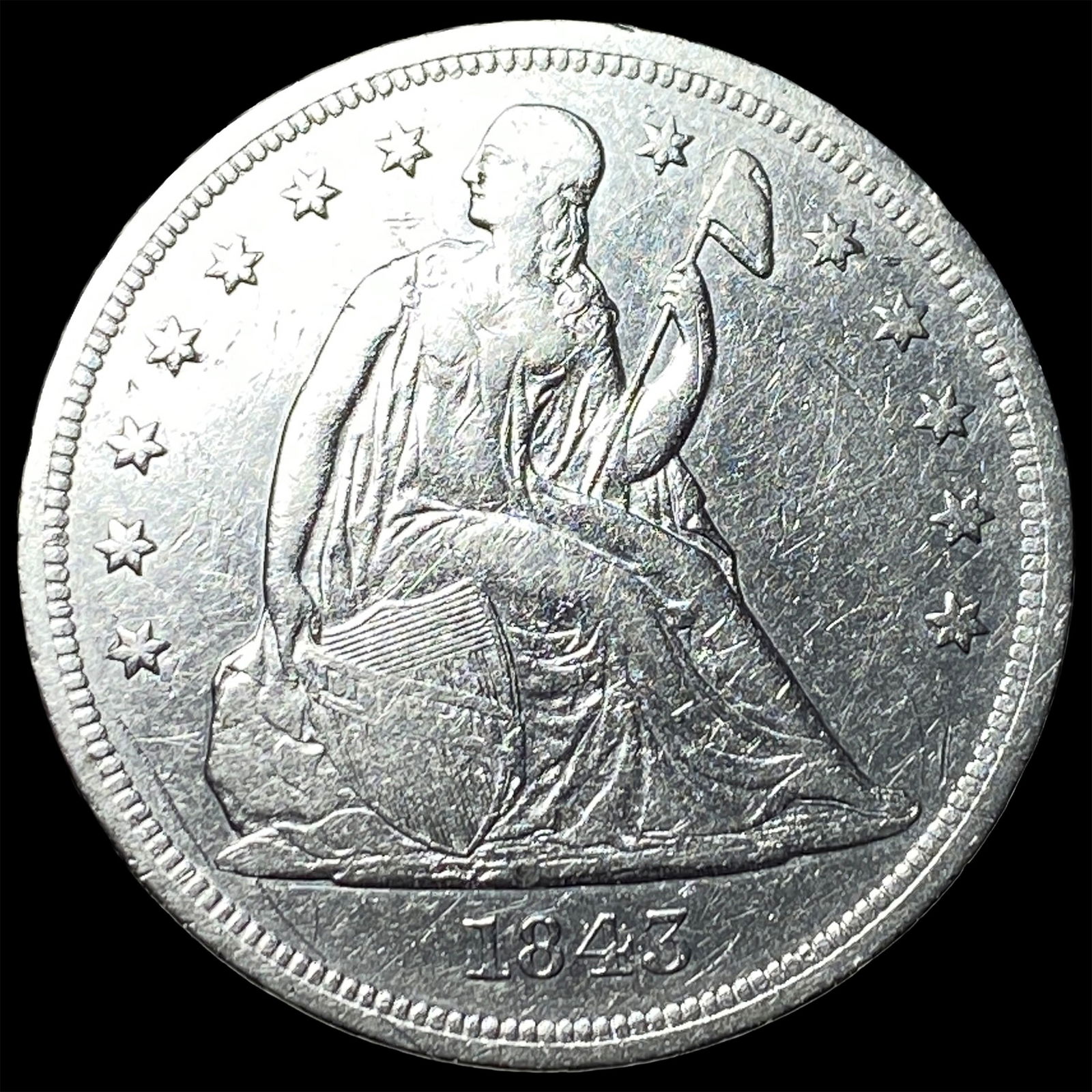 1843 Silver Seated Liberty Dollar NEARLY UNCIRCULATED: 1843 Silver Seated Liberty Dollar NEARLY UNCIRCULATED
