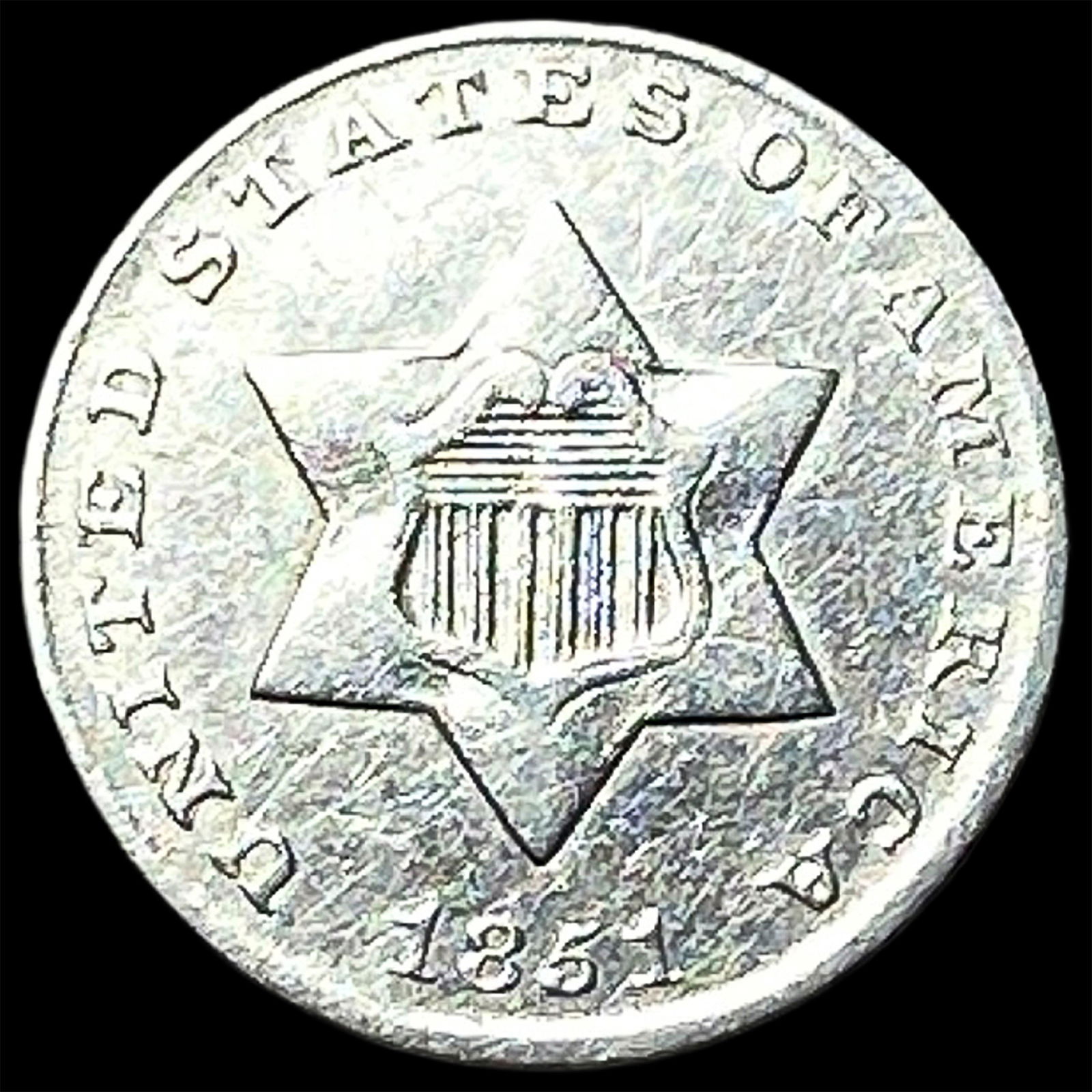 1851 Silver Three-Cent Piece NEARLY UNCIRCULATED: 1851 Silver Three-Cent Piece NEARLY UNCIRCULATED