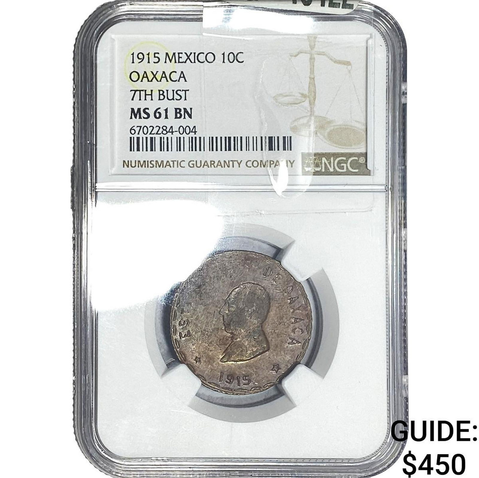 1915 Mexico Copper 10C Oaxaca 7th Bust NGC MS61 BN: 1915 Mexico Copper 10C Oaxaca 7th Bust NGC MS61 BN