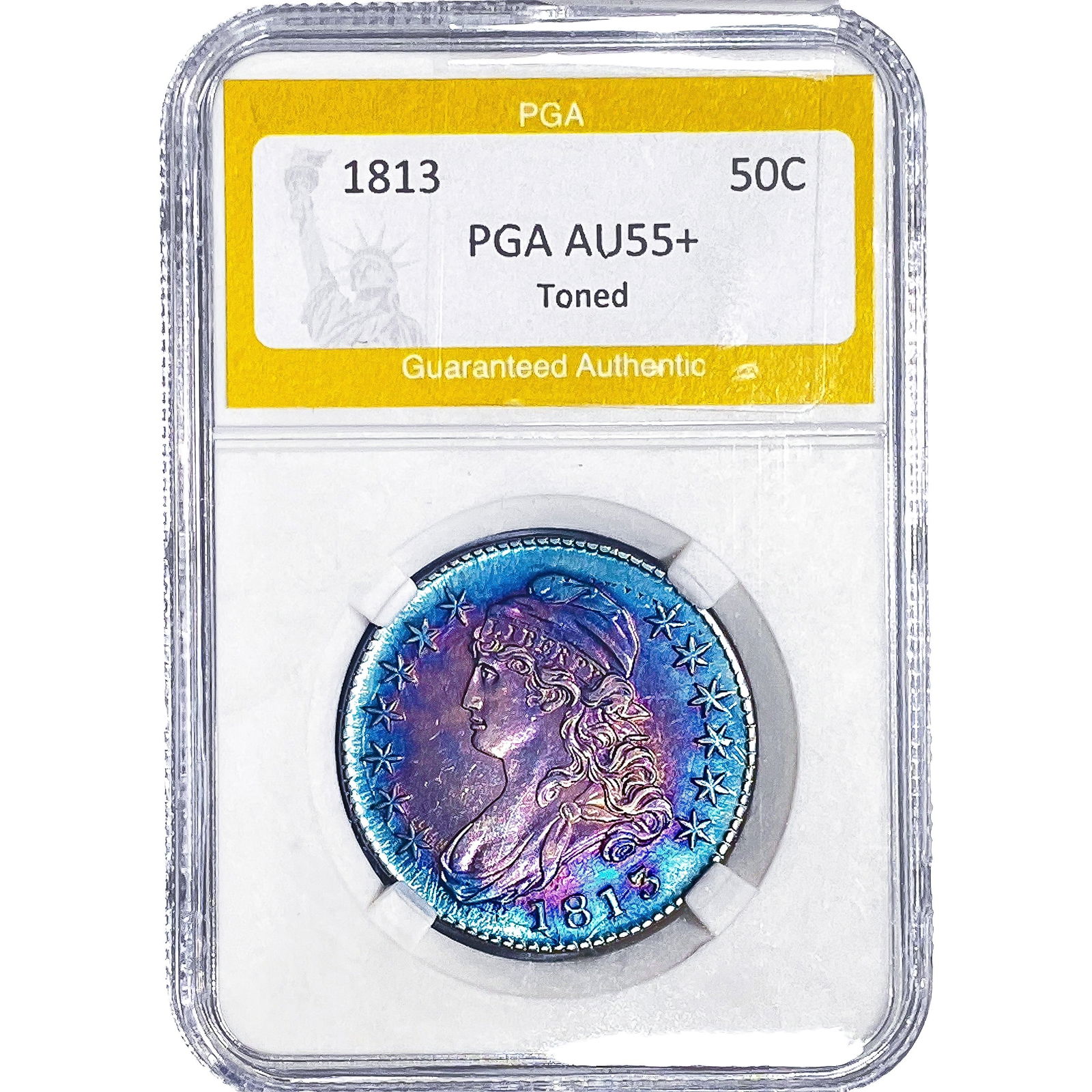 1813 Capped Bust Half Dollar PGA AU55+ Toned: 1813 Capped Bust Half Dollar PGA AU55+ Toned