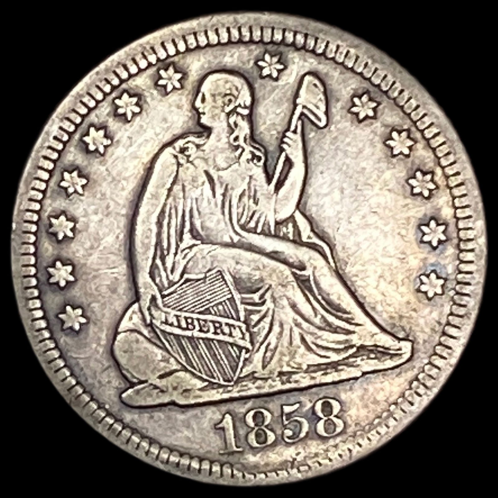 1858-O Silver Seated Liberty Quarter ABOUT UNCIRCULATED: 1858-O Silver Seated Liberty Quarter ABOUT UNCIRCULATED
