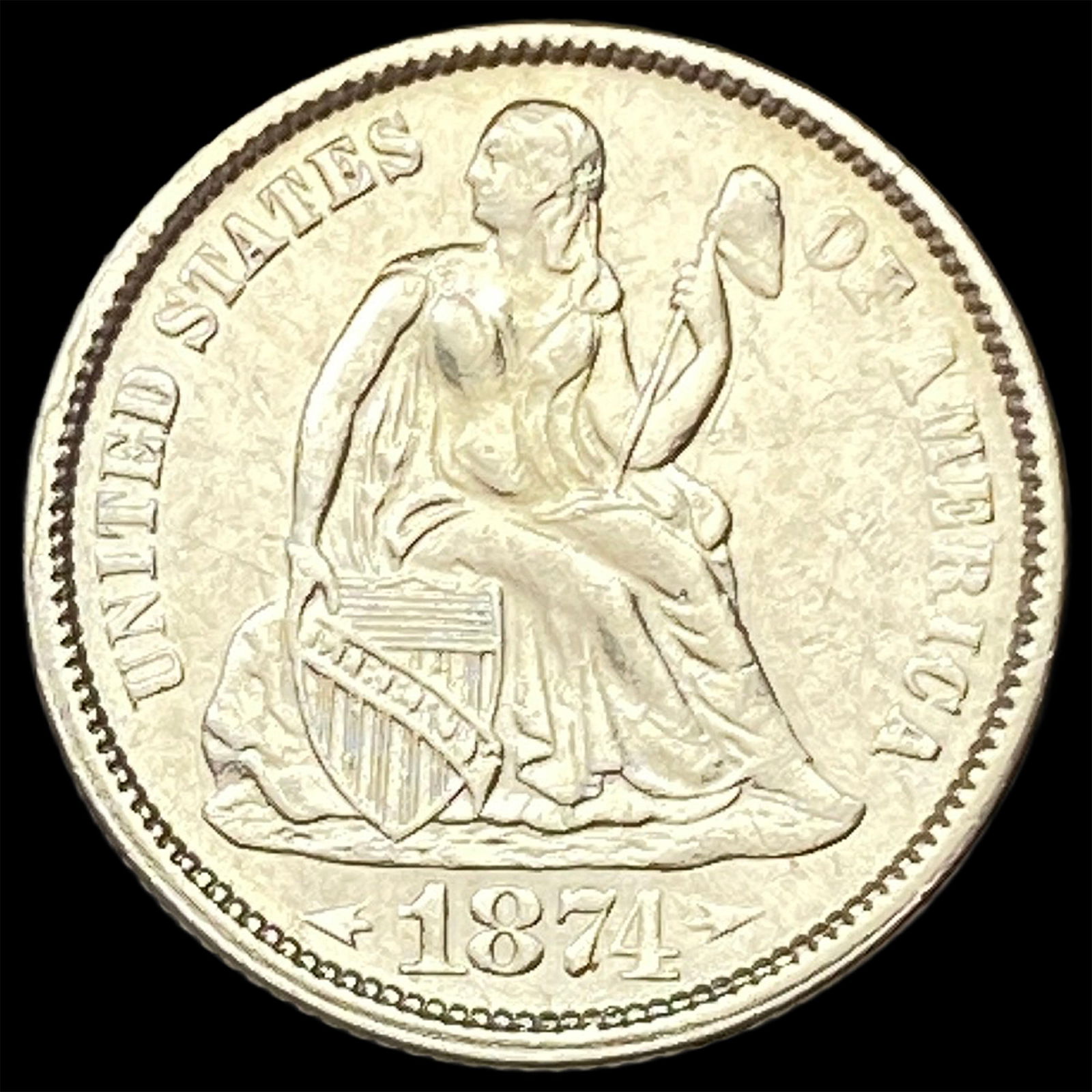 1874 Arrows Seated Liberty Silver Dime CLOSELY UNCIRCULATED: 1874 Arrows Seated Liberty Silver Dime CLOSELY UNCIRCULATED