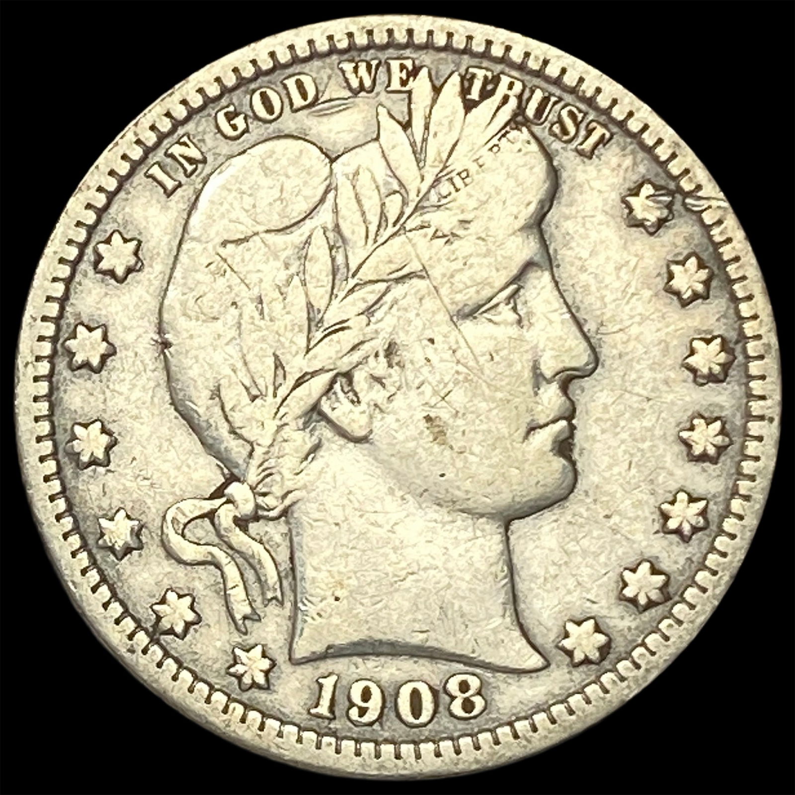 1908-S Silver Barber Quarter LIGHTLY CIRCULATED (1 of 2)