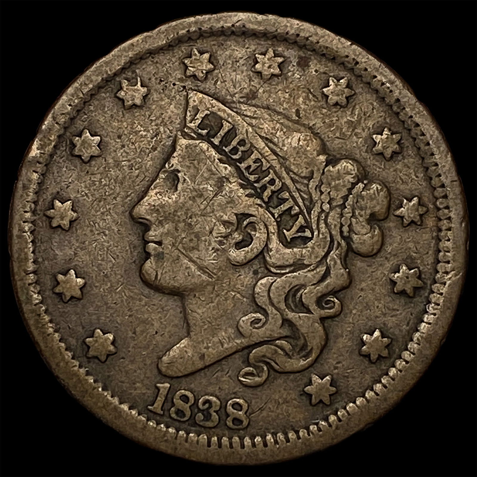 1838 Large Cent Coronet Head ABOUT UNCIRCULATED: 1838 Large Cent Coronet Head ABOUT UNCIRCULATED