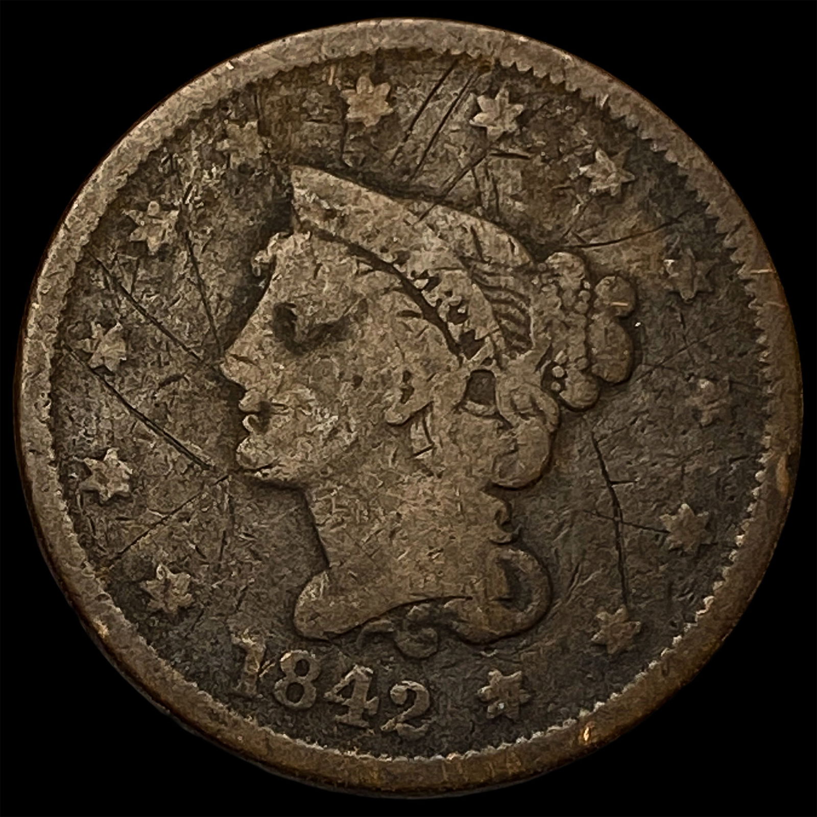 1842 Braided Hair Large Cent NICELY CIRCULATED: 1842 Braided Hair Large Cent NICELY CIRCULATED
