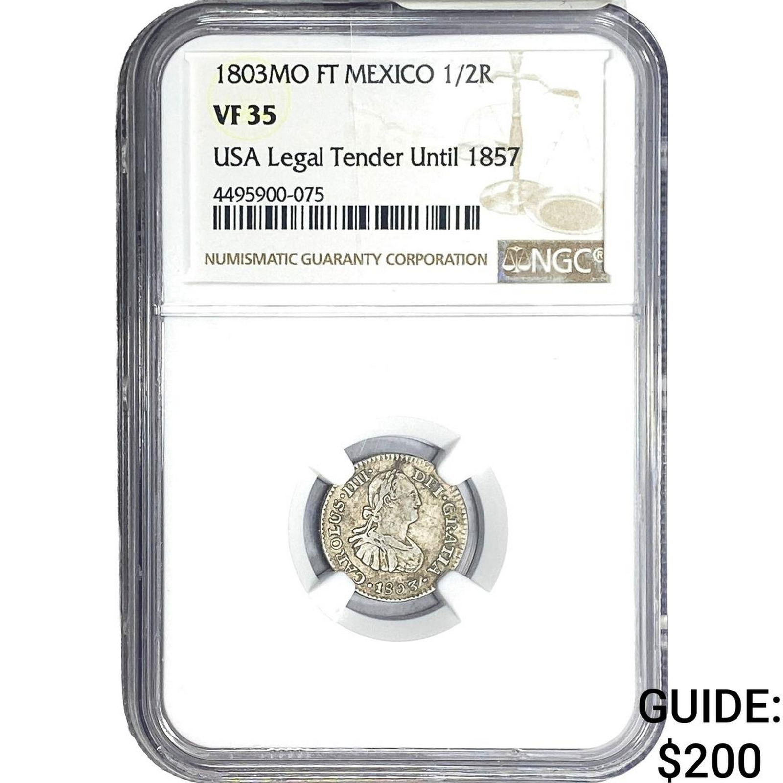 1803 Mexico Silver 1/2 Reale NGC VF35: 1803 Mexico Silver 1/2 Reale NGC VF35