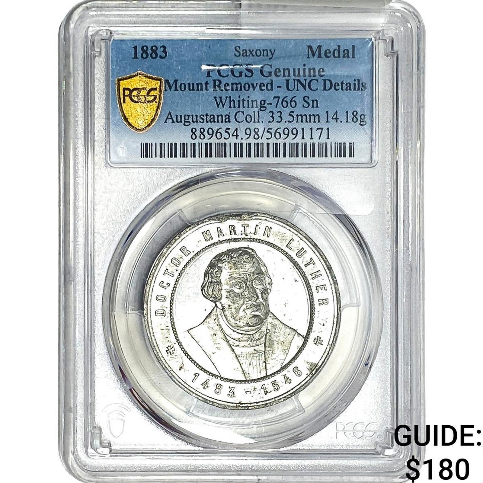 1883 Saxony White Metal Medal PCGS UNCDetails Ex Mount: 1883 Saxony White Metal Medal PCGS UNCDetails Ex Mount