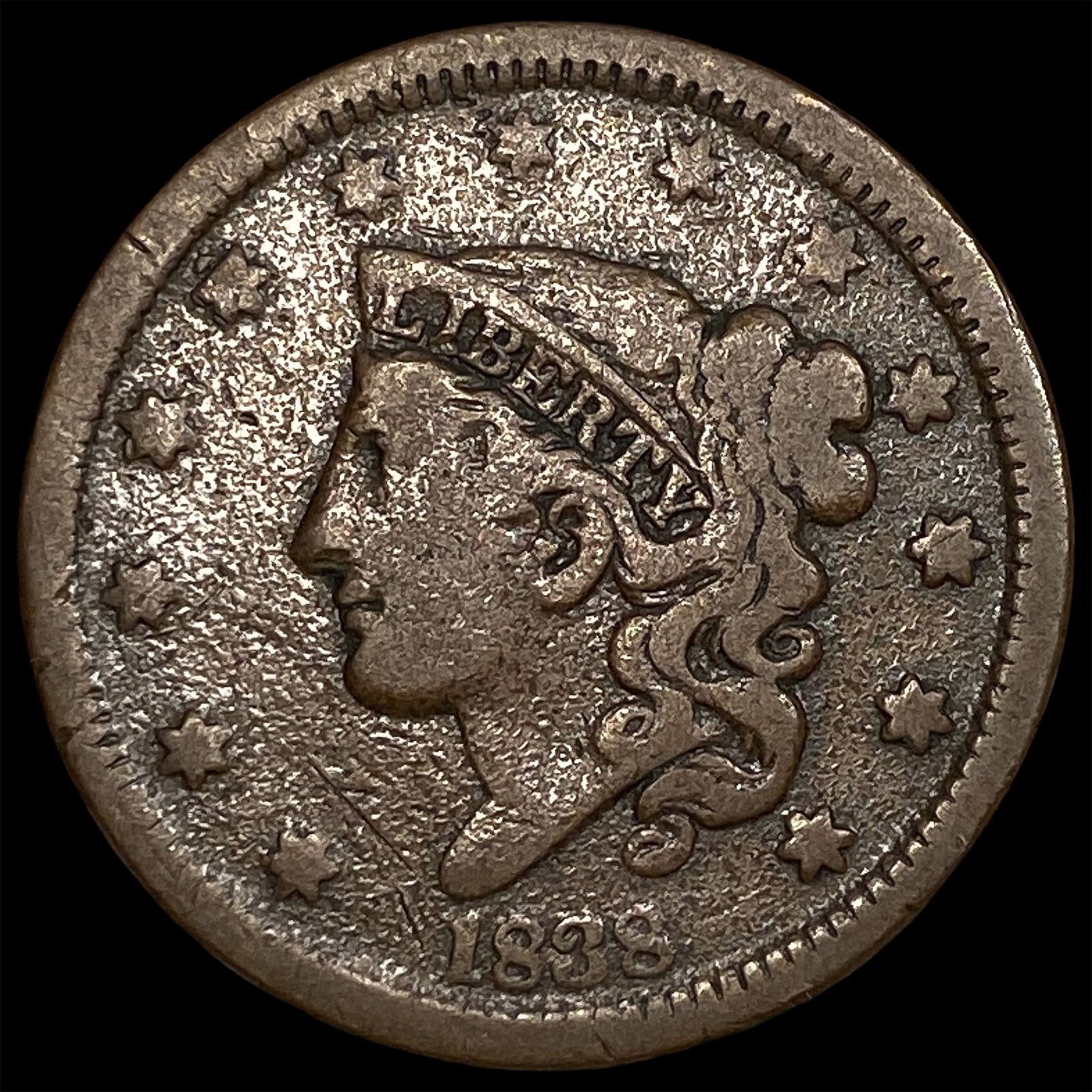 1838 Coronet Head Large Cent LIGHTLY CIRCULATED: 1838 Coronet Head Large Cent LIGHTLY CIRCULATED