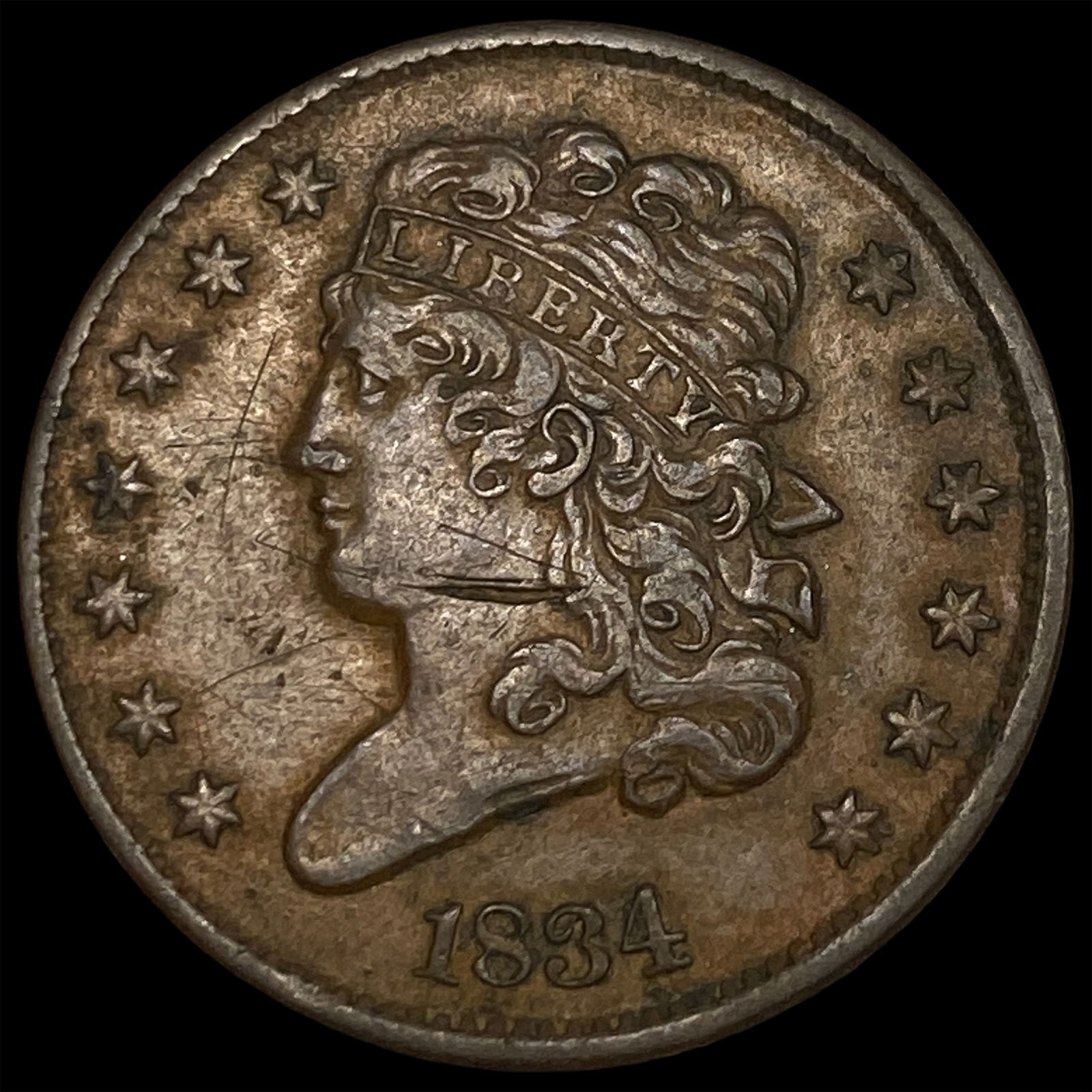 1834 Copper Half Cent CLOSELY UNCIRCULATED: 1834 Copper Half Cent CLOSELY UNCIRCULATED