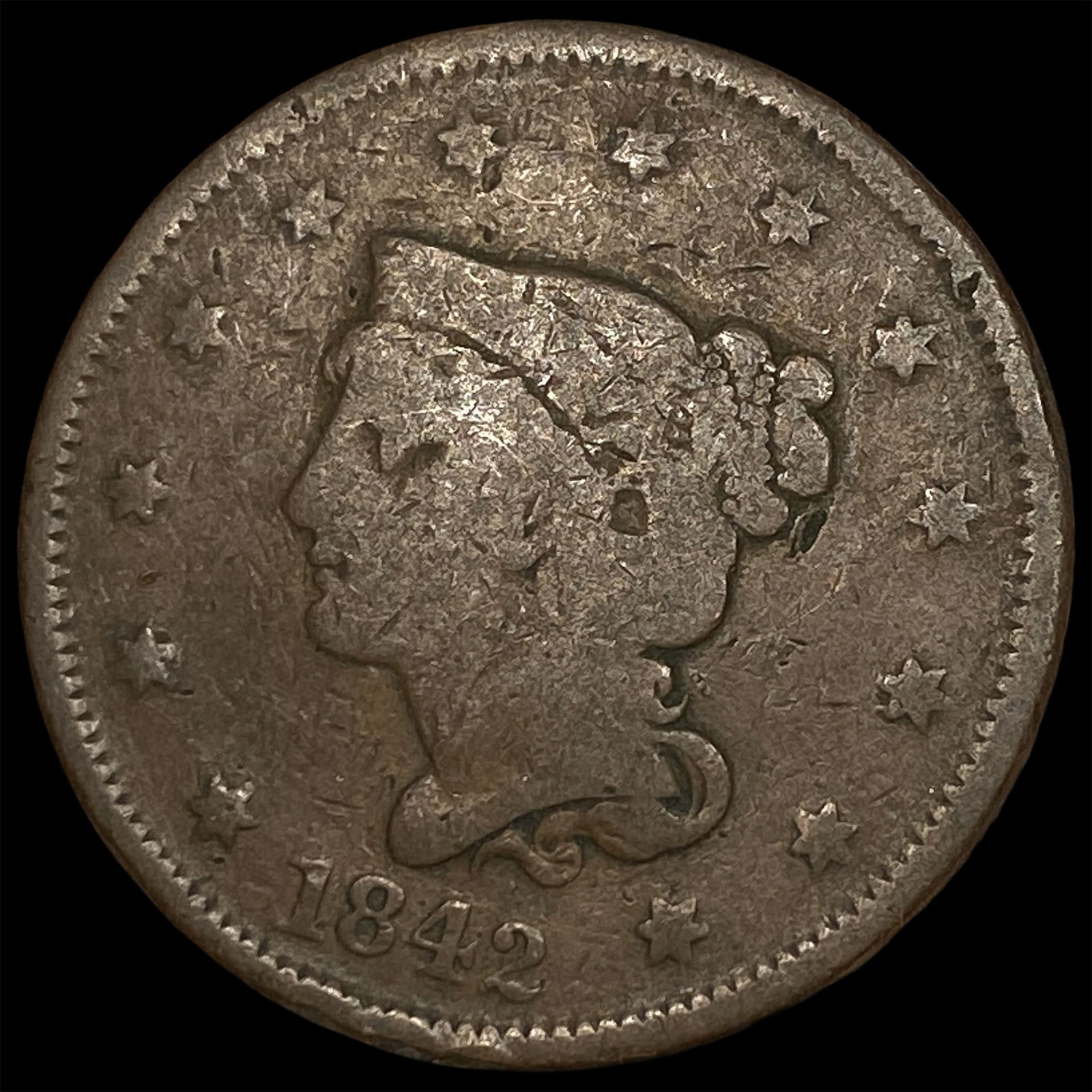 1842 Braided Hair Large Cent NICELY CIRCULATED: 1842 Braided Hair Large Cent NICELY CIRCULATED