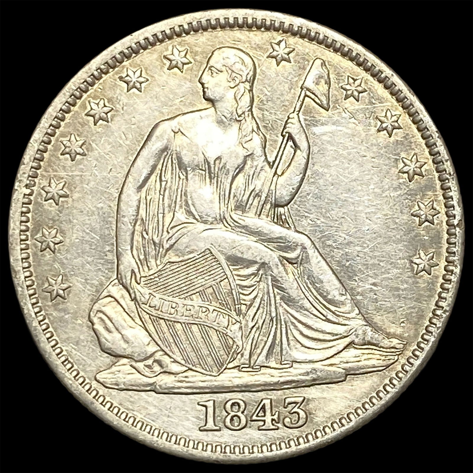 1843 Silver Seated Liberty Half Dollar CLOSELY UNCIRCULATED: 1843 Silver Seated Liberty Half Dollar CLOSELY UNCIRCULATED