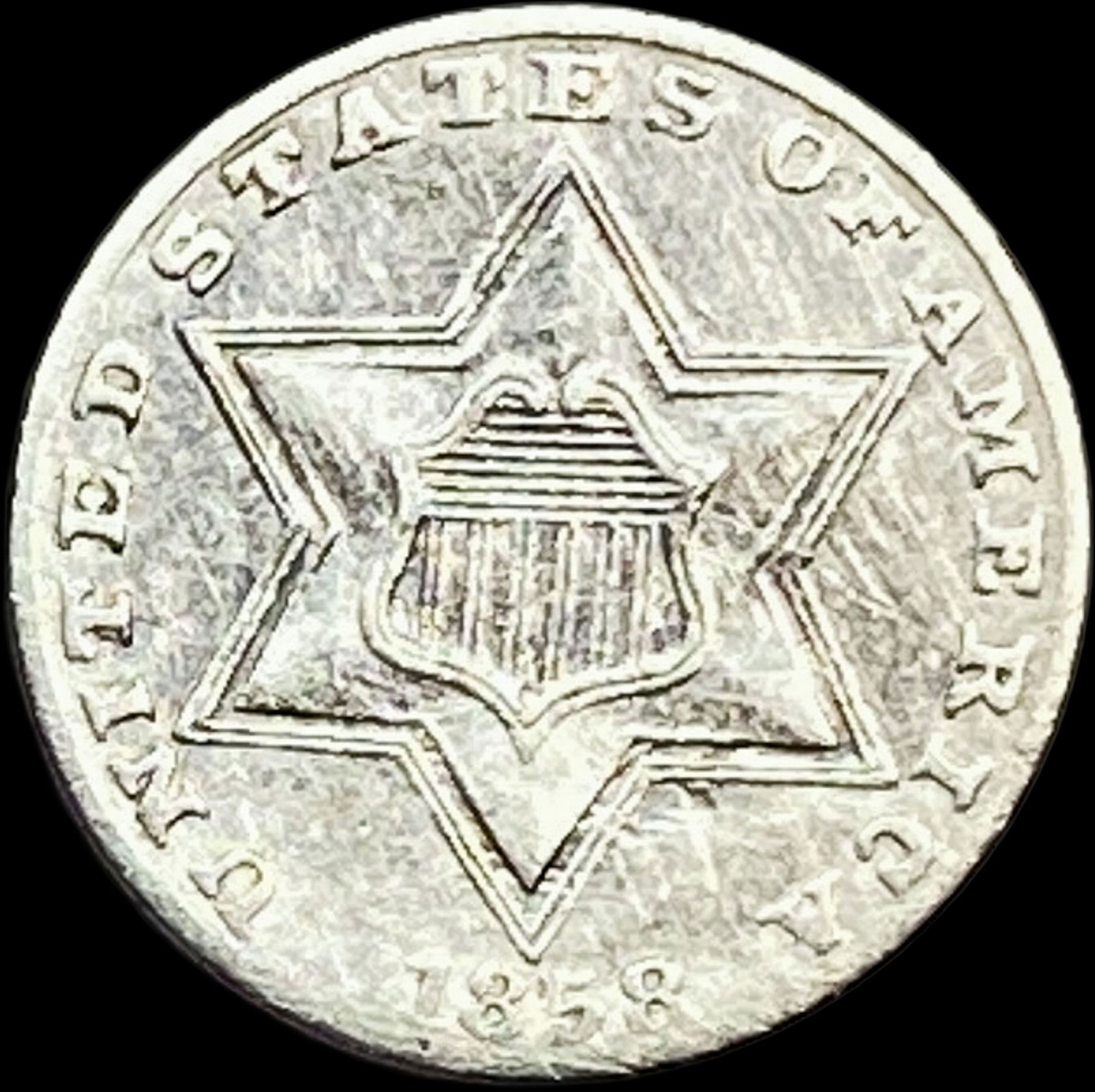 1858 Silver Three-Cent Piece NEARLY UNCIRCULATED: 1858 Silver Three-Cent Piece NEARLY UNCIRCULATED