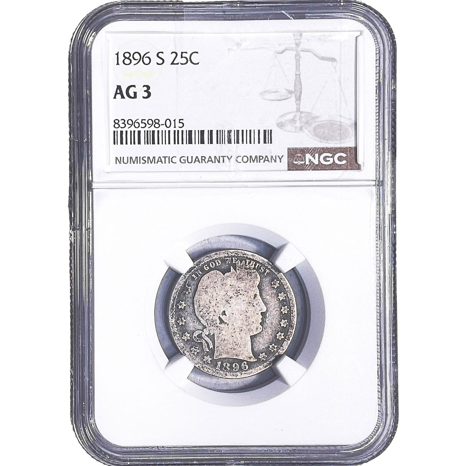 1896-S Barber Quarter NGC AG3: 1896-S Barber Quarter NGC AG3