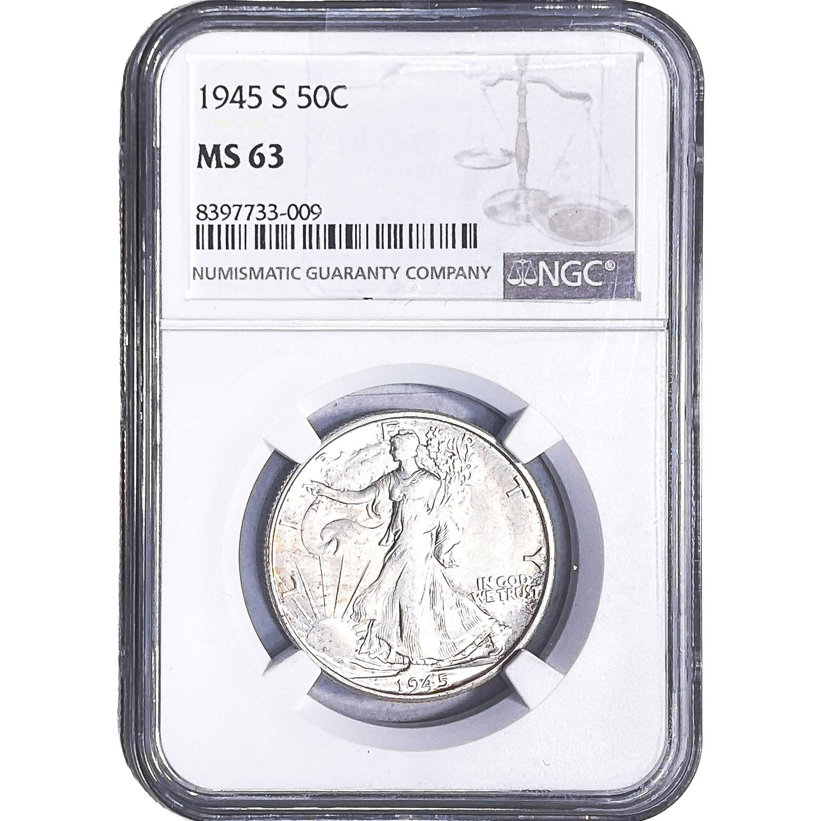 1945-S Walking Liberty Half Dollar NGC MS63: 1945-S Walking Liberty Half Dollar NGC MS63