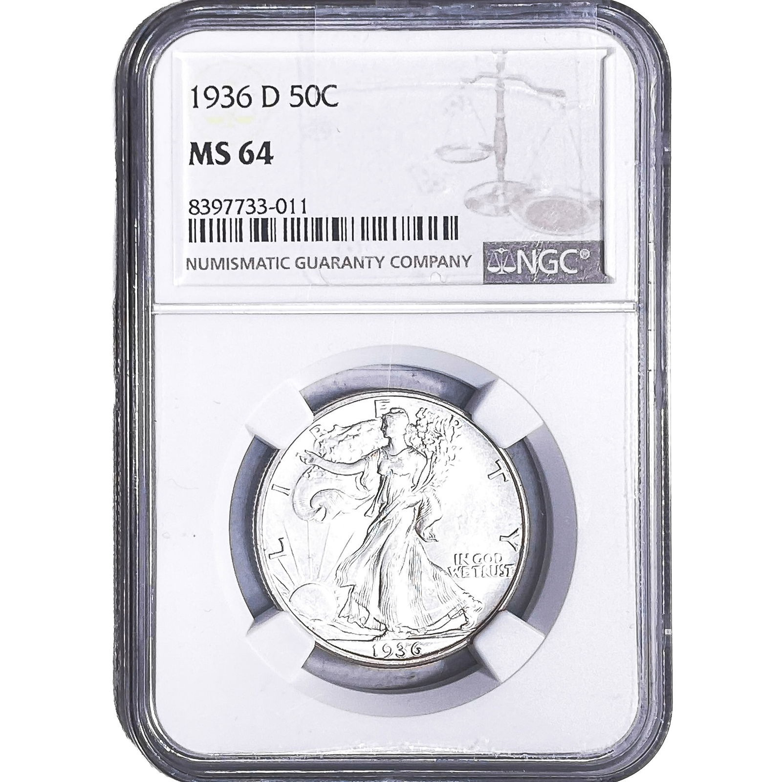 1936-D Walking Liberty Half Dollar NGC MS64: 1936-D Walking Liberty Half Dollar NGC MS64