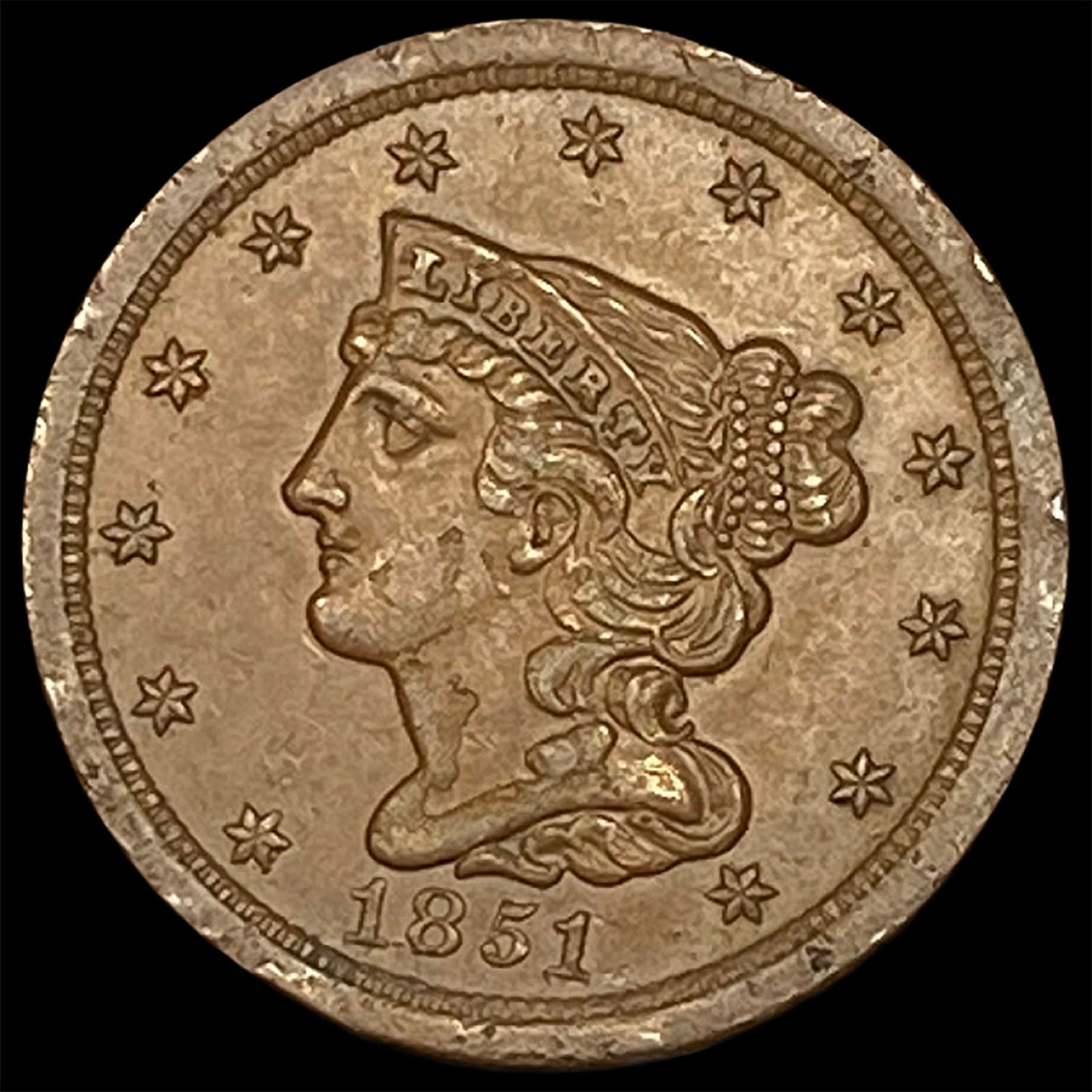 1851 Braided Hair Half Cent CLOSELY UNCIRCULATED: 1851 Braided Hair Half Cent CLOSELY UNCIRCULATED
