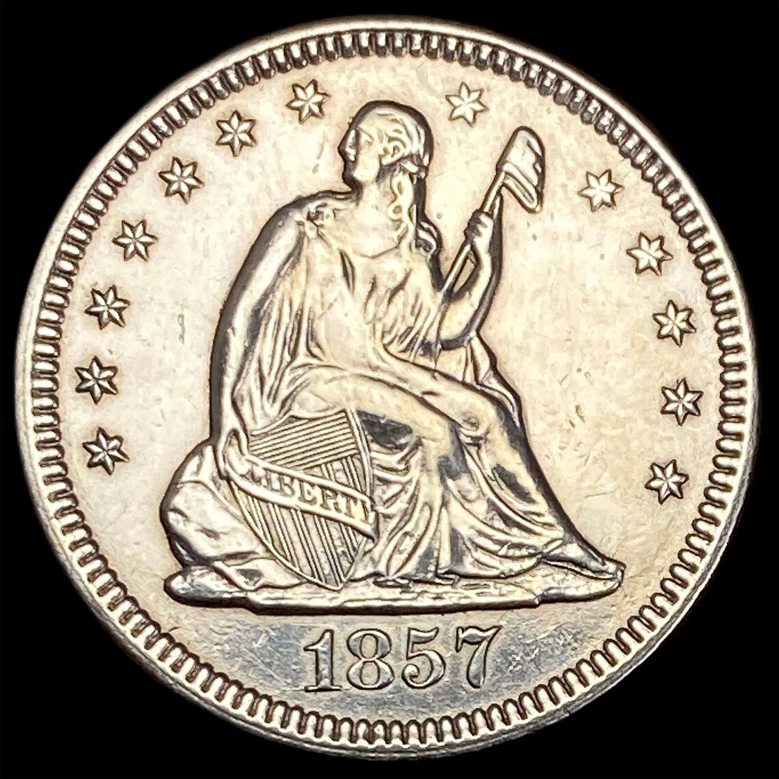 1857-O Silver Seated Liberty Quarter CLOSELY UNCIRCULATED (1 of 2)