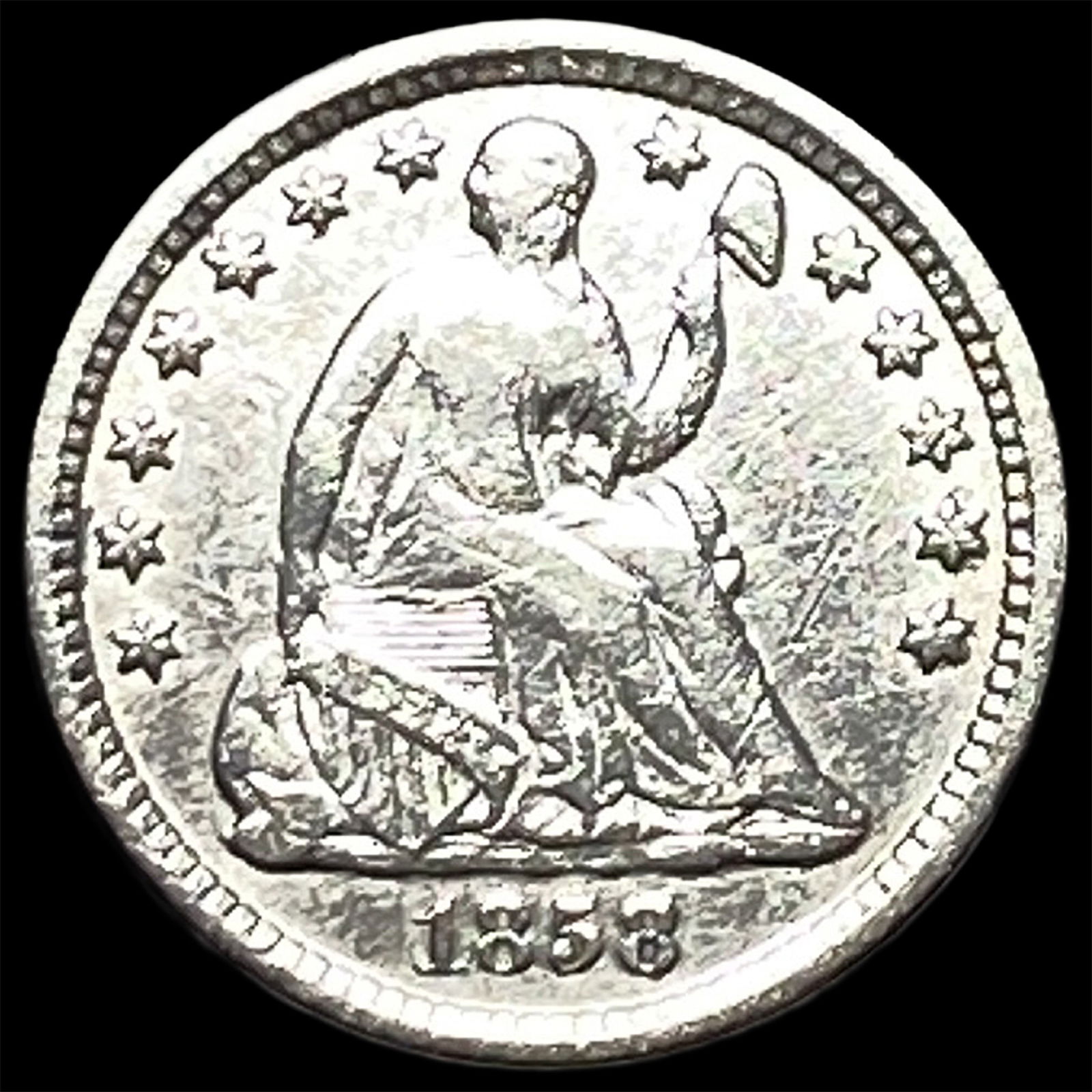 1858-O Silver Seated Liberty Half Dime NEARLY UNCIRCULATED: 1858-O Silver Seated Liberty Half Dime NEARLY UNCIRCULATED
