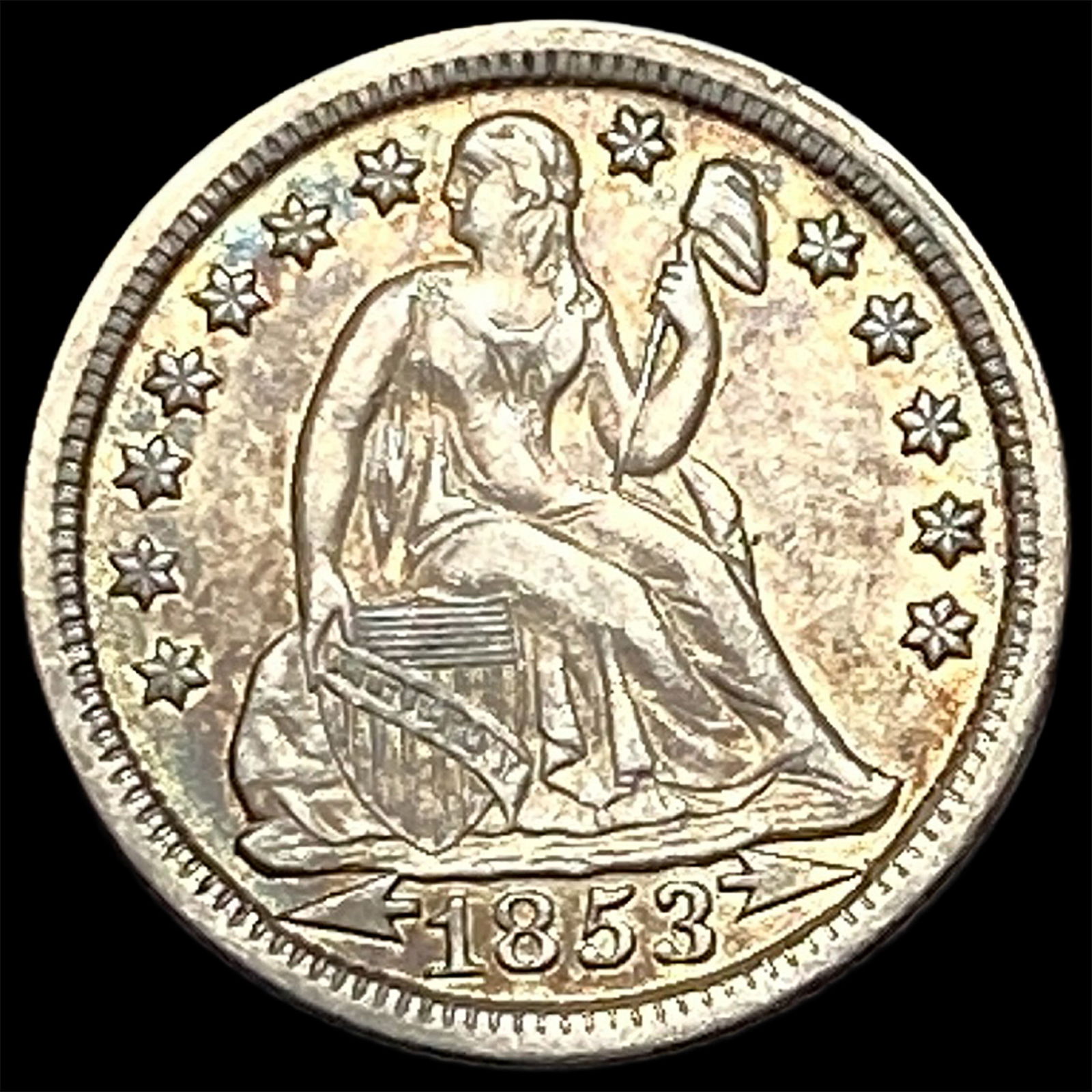 1853 Arrows Seated Liberty Silver Dime CLOSELY UNCIRCULATED: 1853 Arrows Seated Liberty Silver Dime CLOSELY UNCIRCULATED